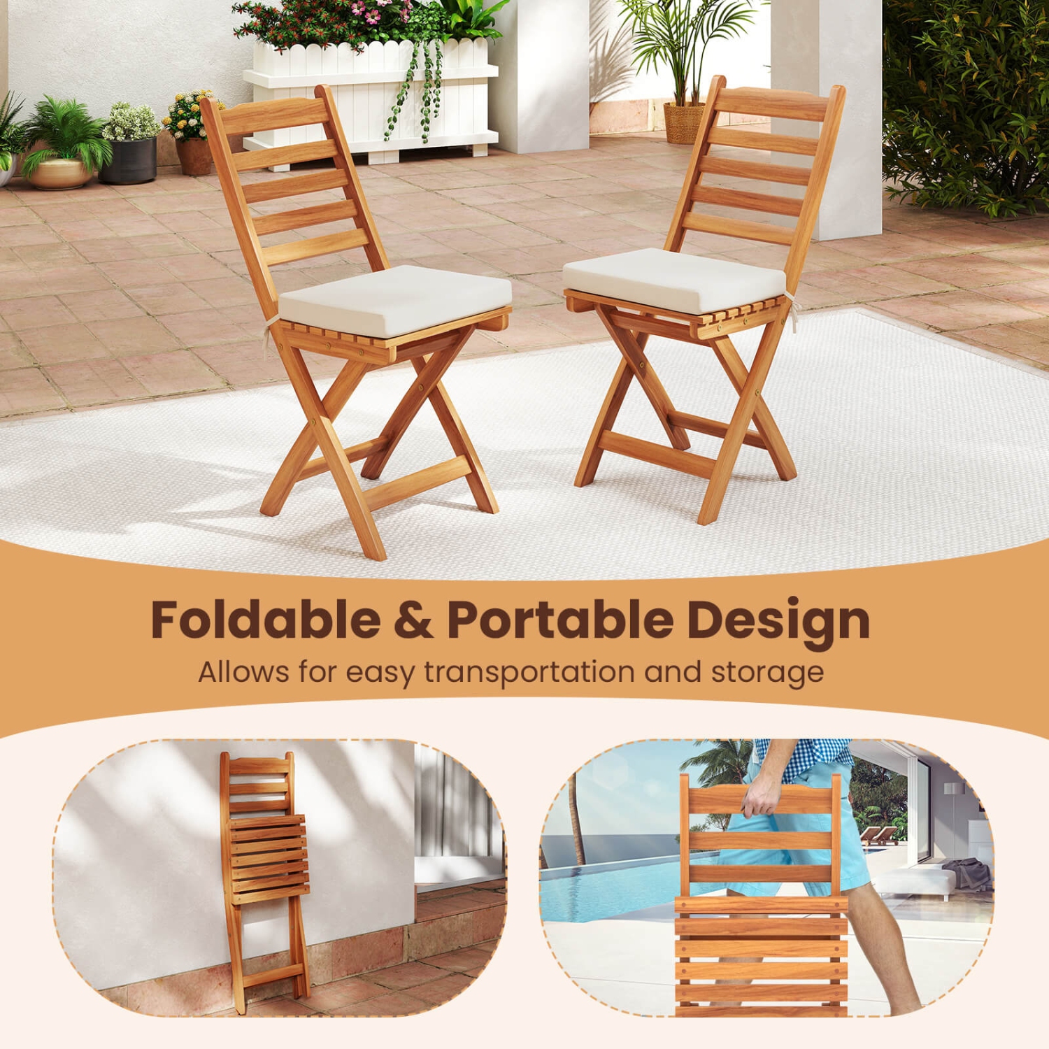 Costway Folding Patio Chairs Set of 2/4 with Slatted Backrests and Soft Seat Cushions