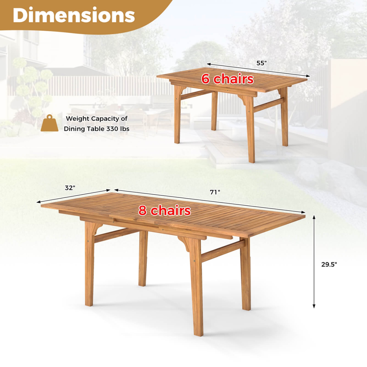 Costway Expandable Outdoor Dining Table 55"-71" Acacia Wood Patio Table for 6-8 Person