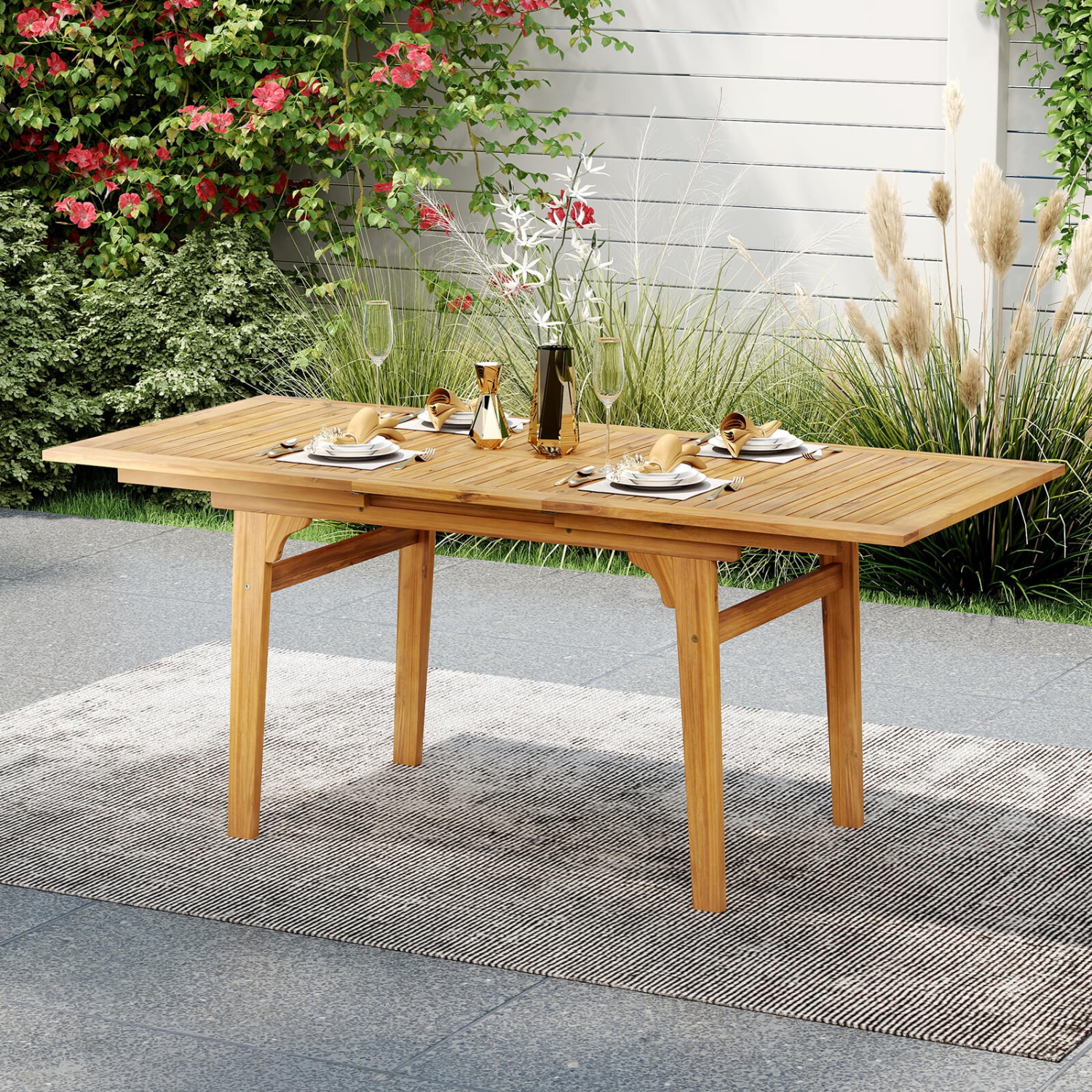 Costway Expandable Outdoor Dining Table 55"-71" Acacia Wood Patio Table for 6-8 Person