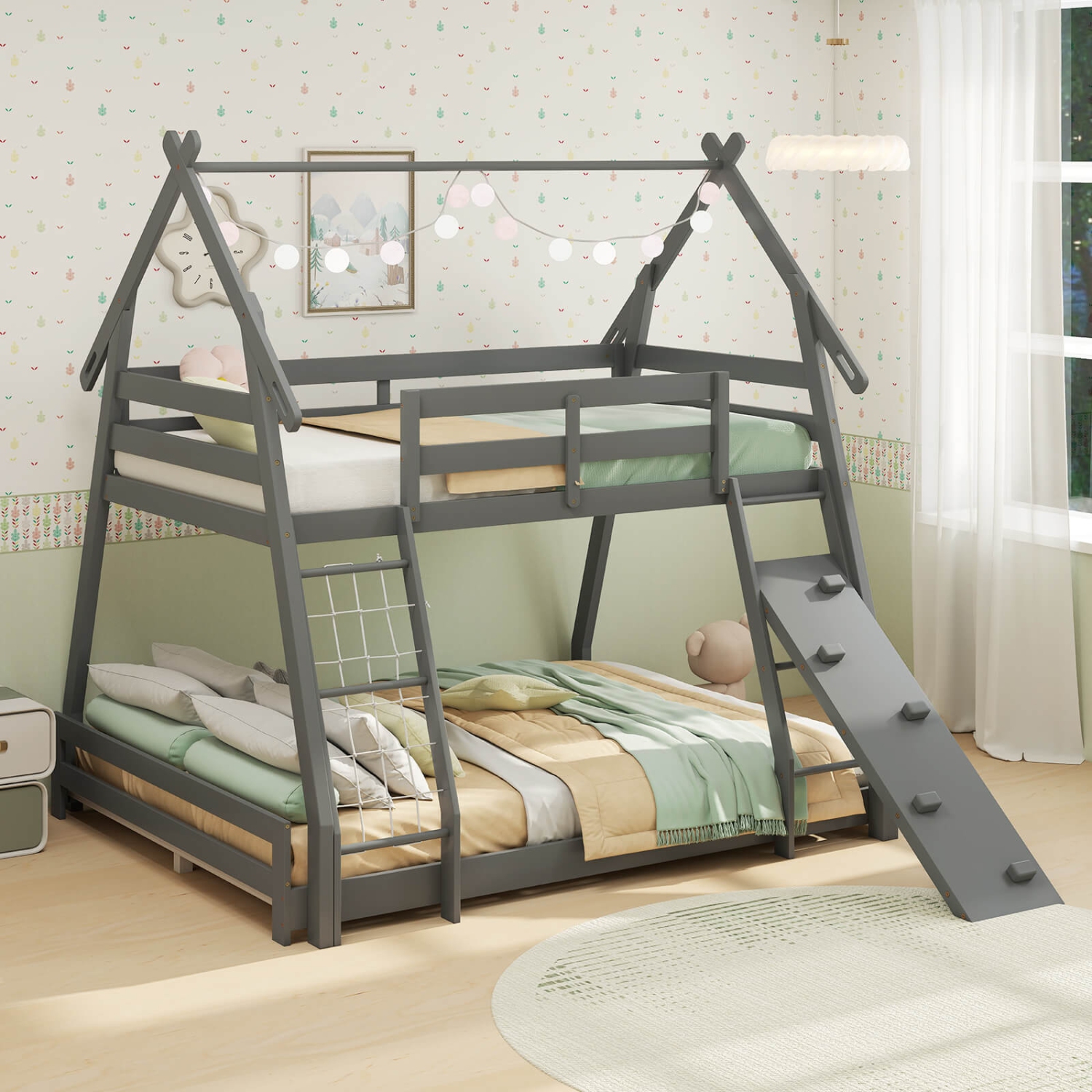 Costway Twin Over Queen Bunk Bed House Shaped Bed Frame with Climbing Nets and Ramp