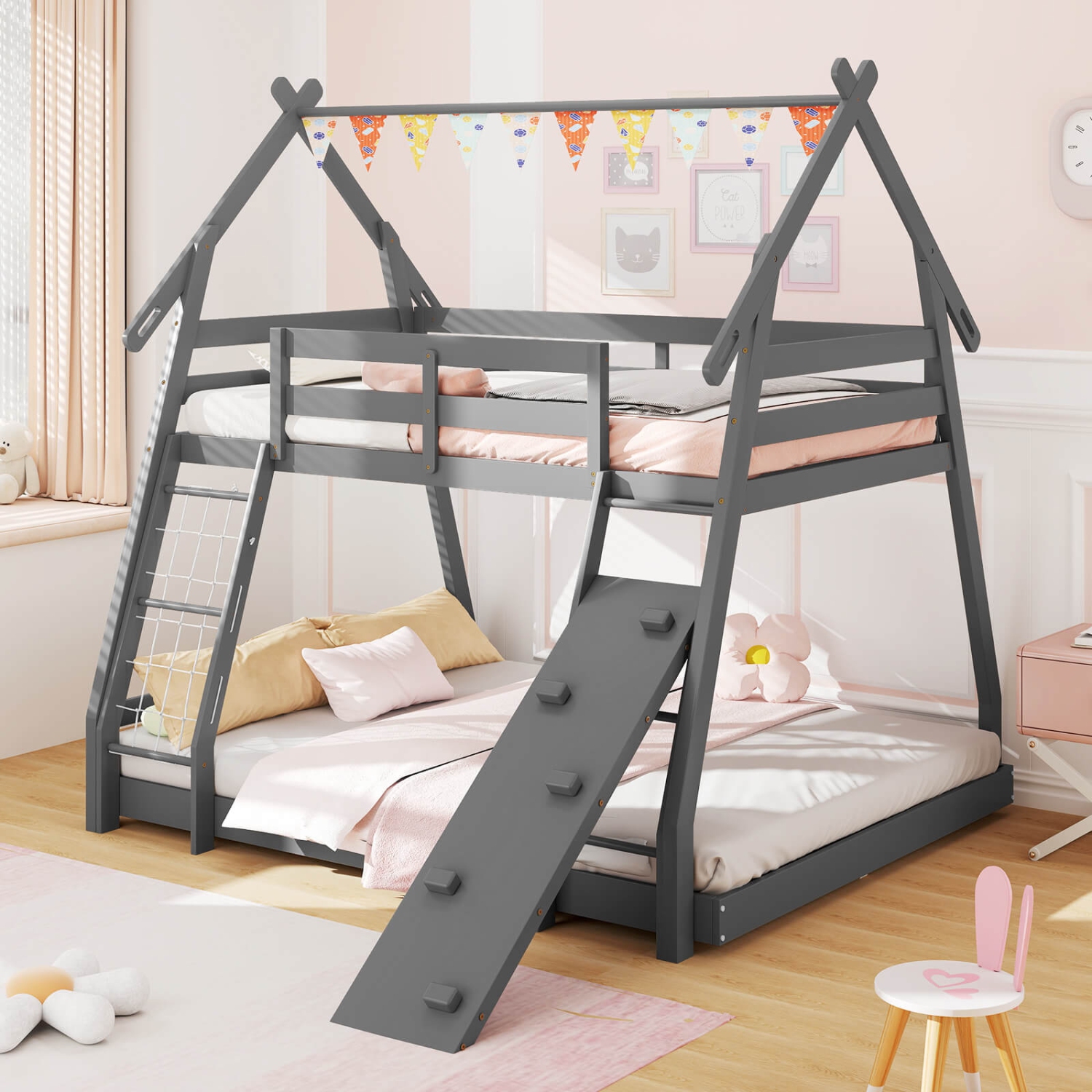 Costway Twin Over Queen Bunk Bed House Shaped Bed Frame with Climbing Nets and Ramp