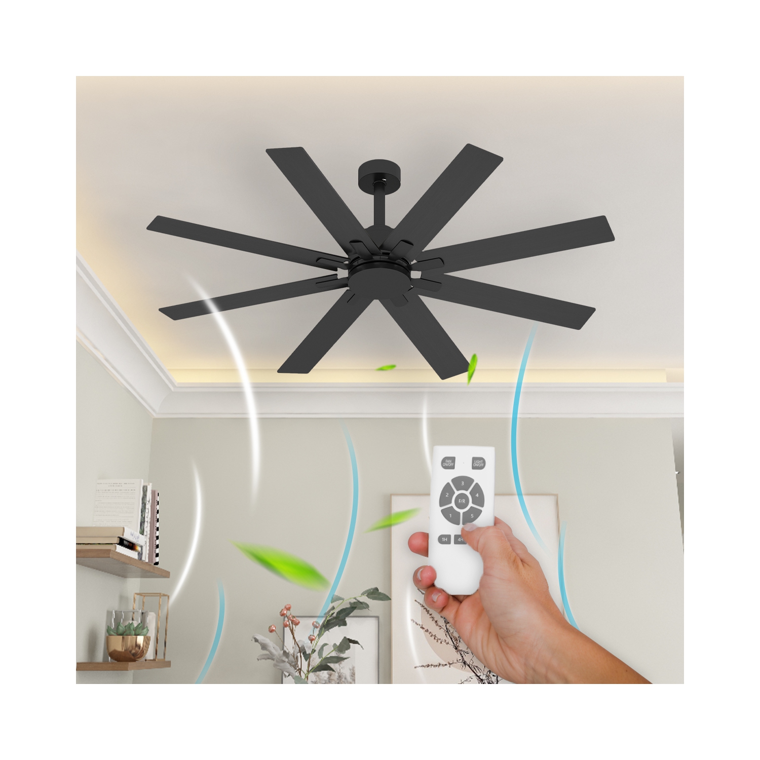 Ventilateur de plafond d'extérieur moderne de 65&nbsp;po Famapy avec 8 pales multicolores, LED intégré, moteur silencieux réversible et télécommande,