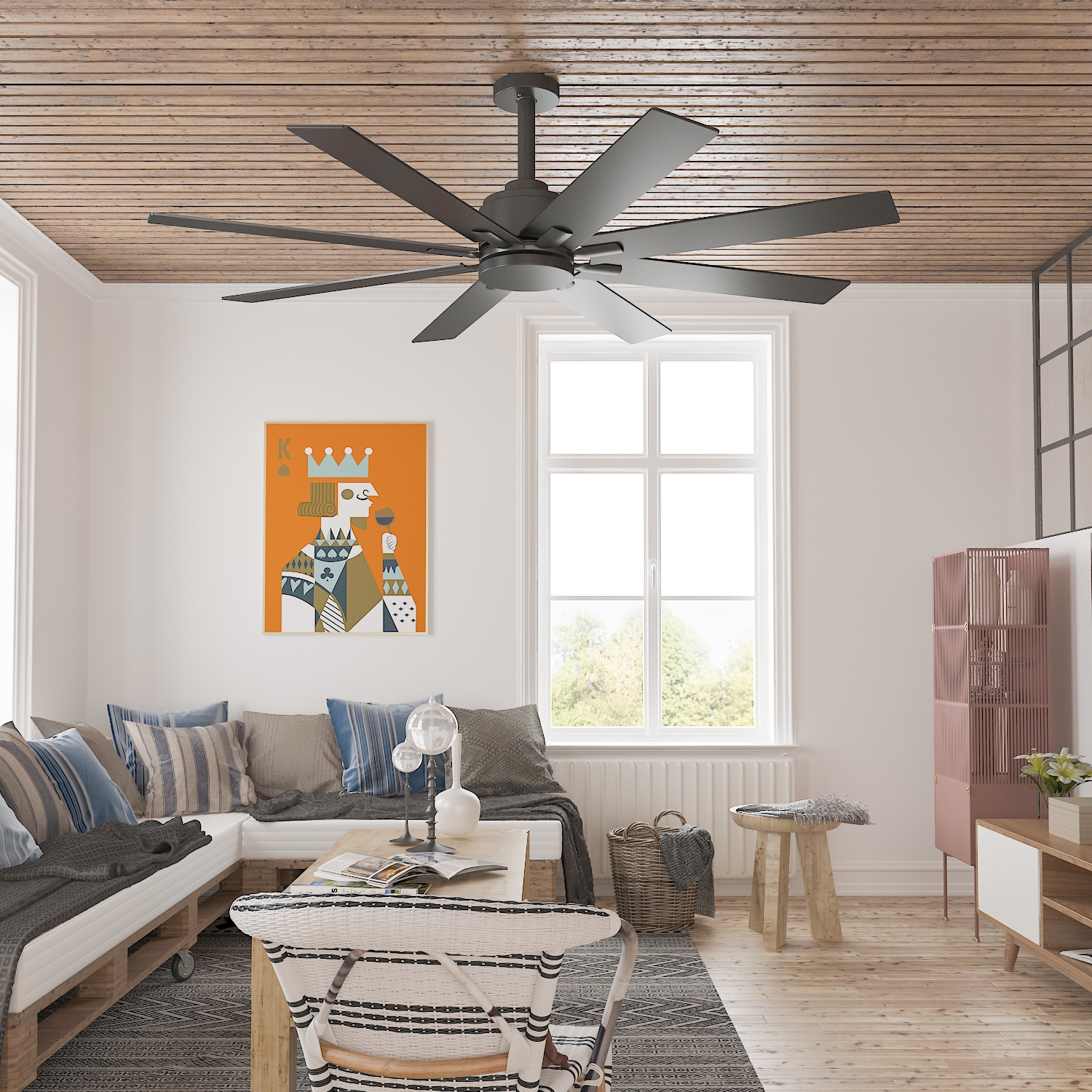 Ventilateur de plafond d'extérieur moderne de 65&nbsp;po Famapy avec 8 pales multicolores, LED intégré, moteur silencieux réversible et télécommande,