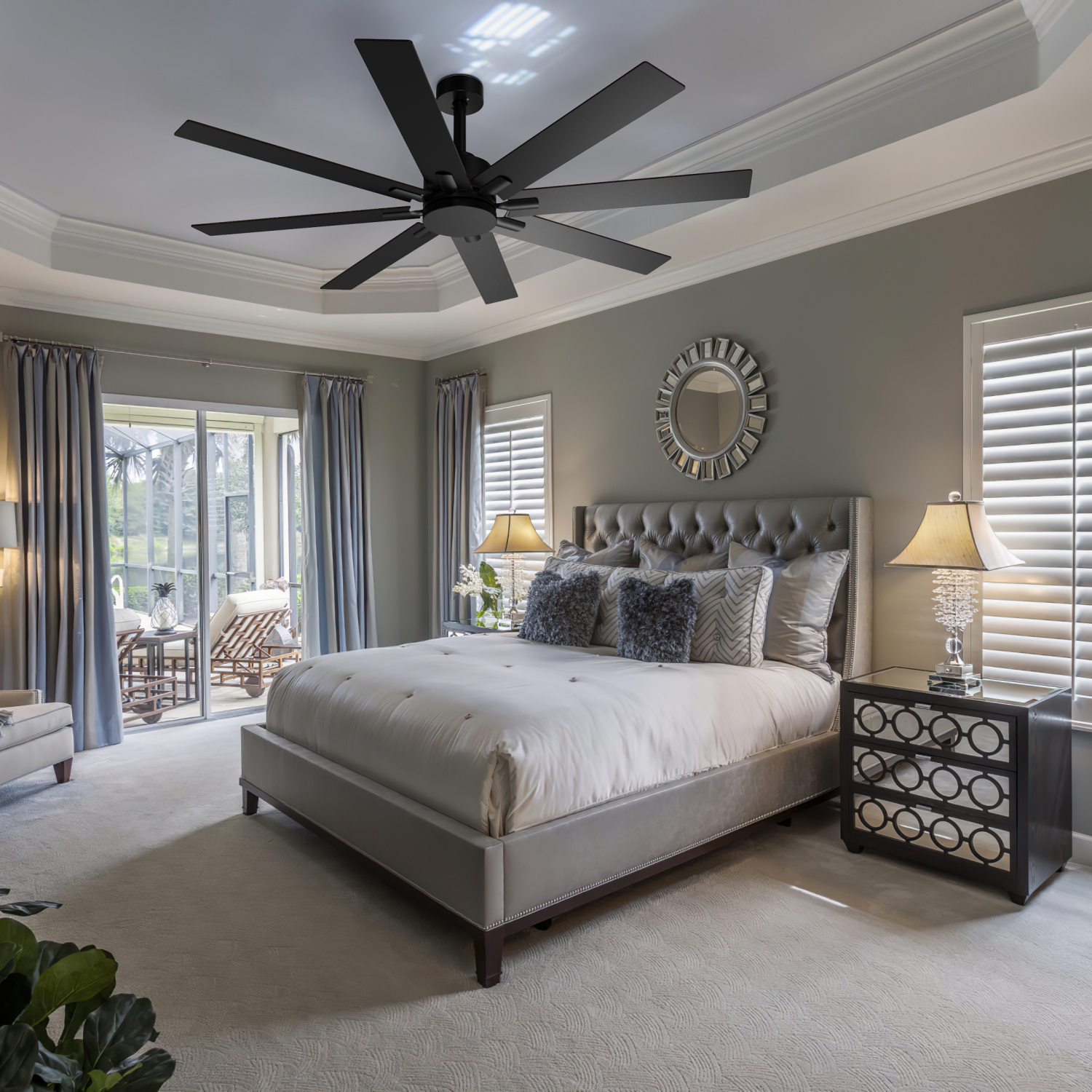 Ventilateur de plafond d'extérieur moderne de 65&nbsp;po Famapy avec 8 pales multicolores, LED intégré, moteur silencieux réversible et télécommande,