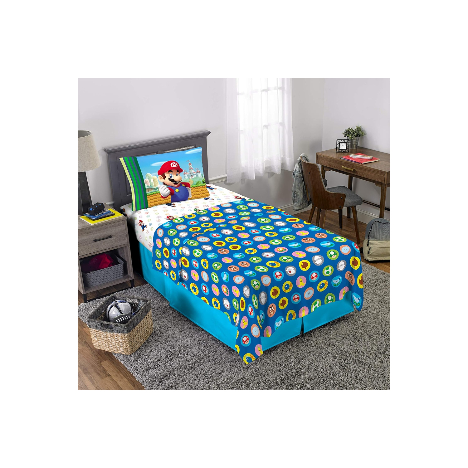 Super Mario 3-Pcs Twin Soft & Cozy Bedding Sheet Set for Kids - Pillowcase, Fitted Sheet, Flat Sheet