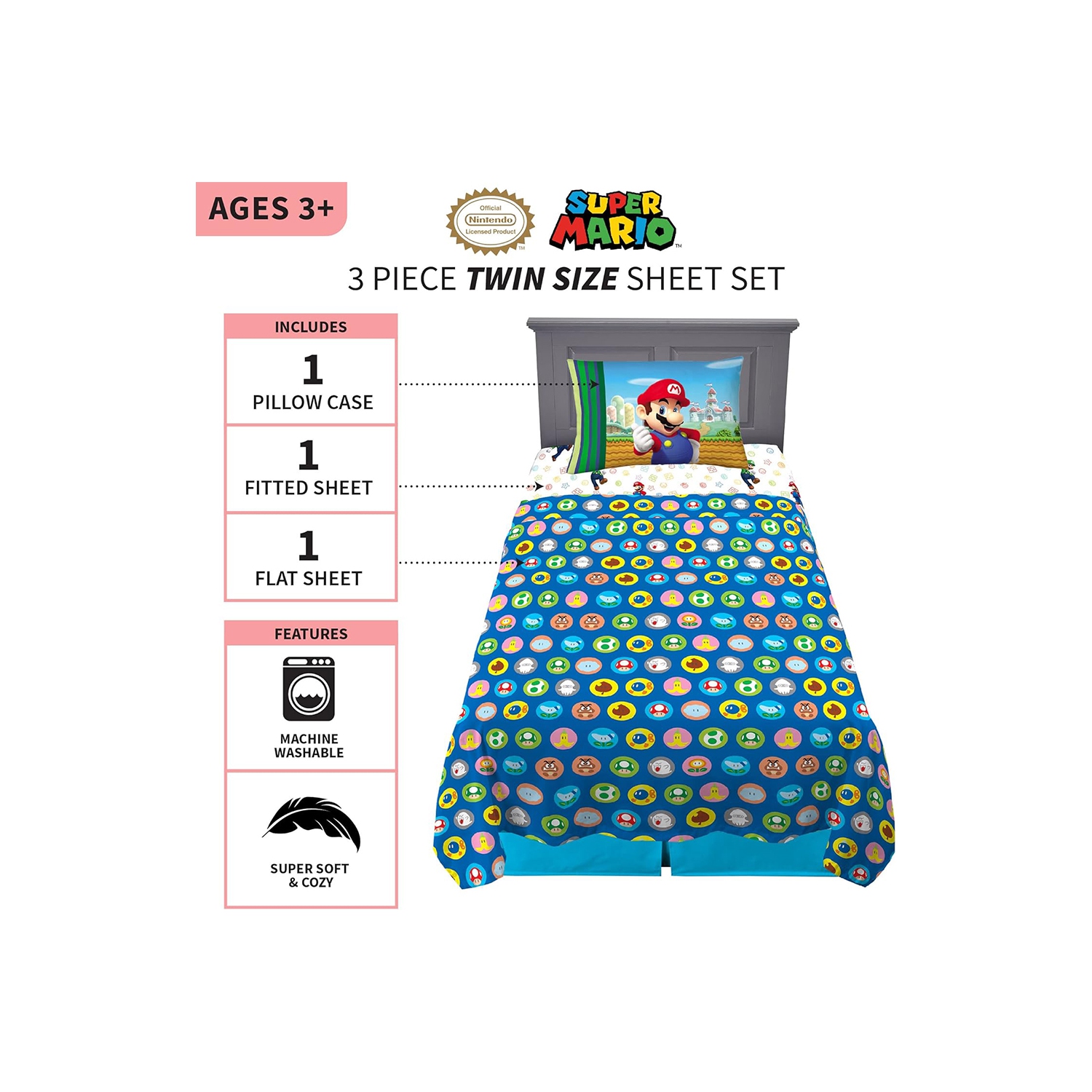 Super Mario 3-Pcs Twin Soft & Cozy Bedding Sheet Set for Kids - Pillowcase, Fitted Sheet, Flat Sheet