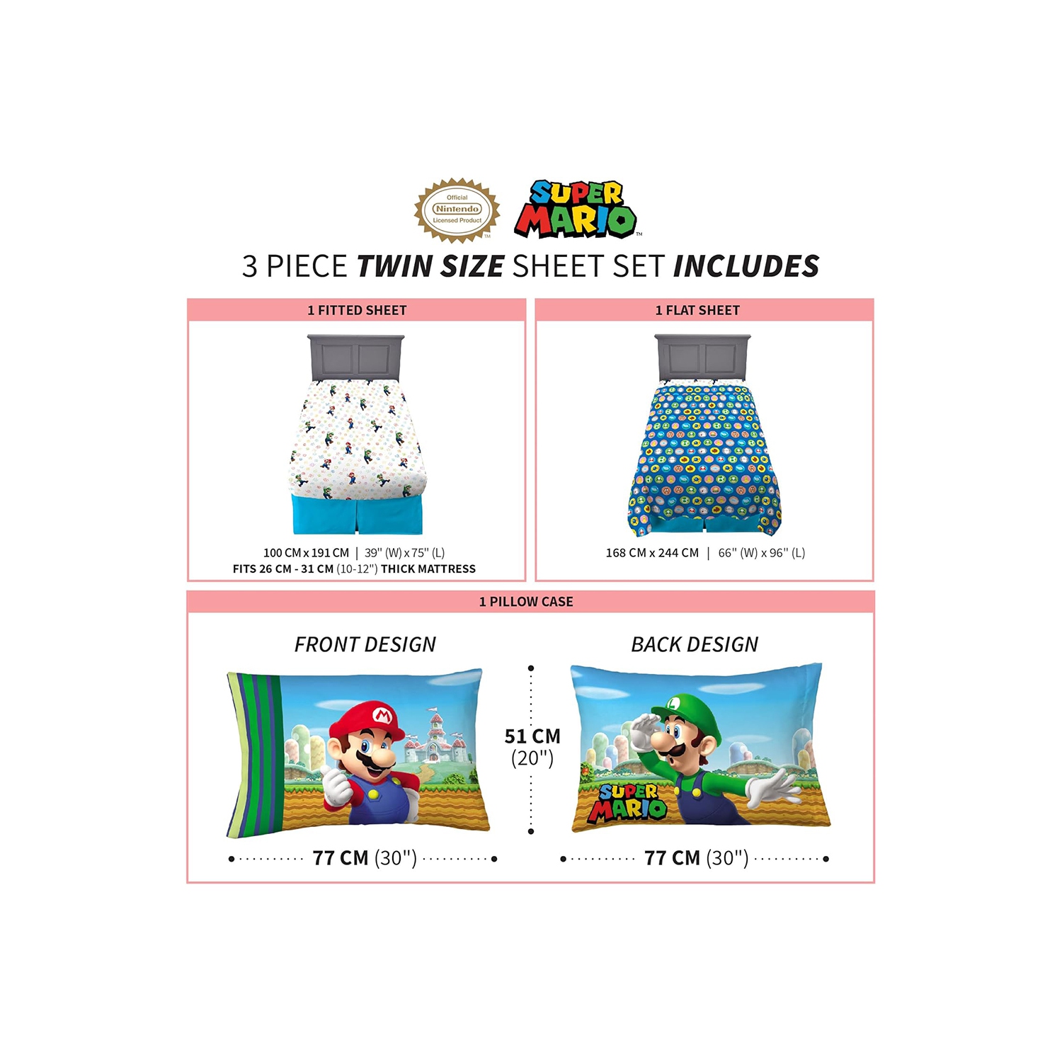 Super Mario 3-Pcs Twin Soft & Cozy Bedding Sheet Set for Kids - Pillowcase, Fitted Sheet, Flat Sheet