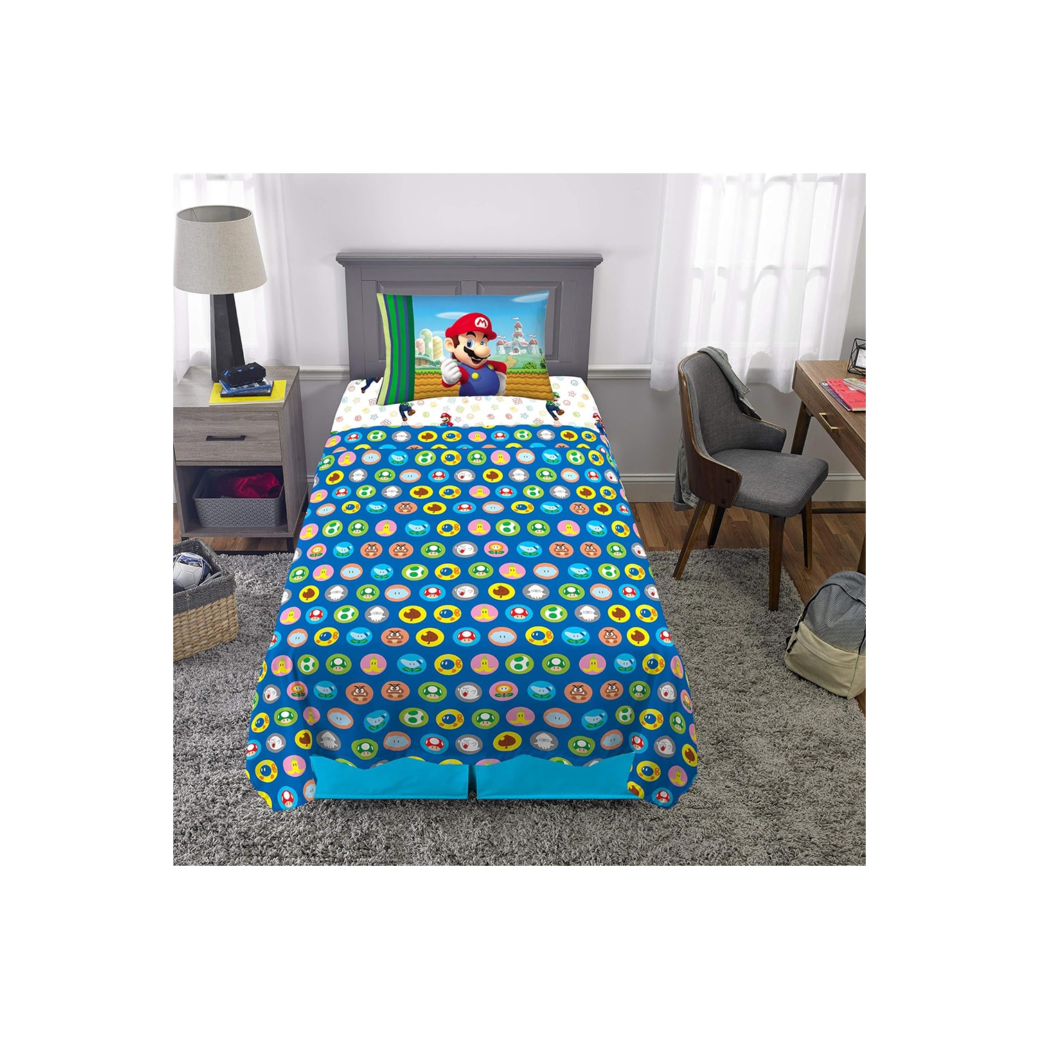 Super Mario 3-Pcs Twin Soft & Cozy Bedding Sheet Set for Kids - Pillowcase, Fitted Sheet, Flat Sheet