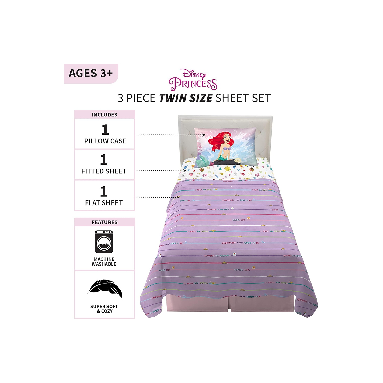Princess 3-Pcs Twin Soft & Cozy Bedding Sheet Set for Kids - Pillowcase, Fitted Sheet, Flat Sheet
