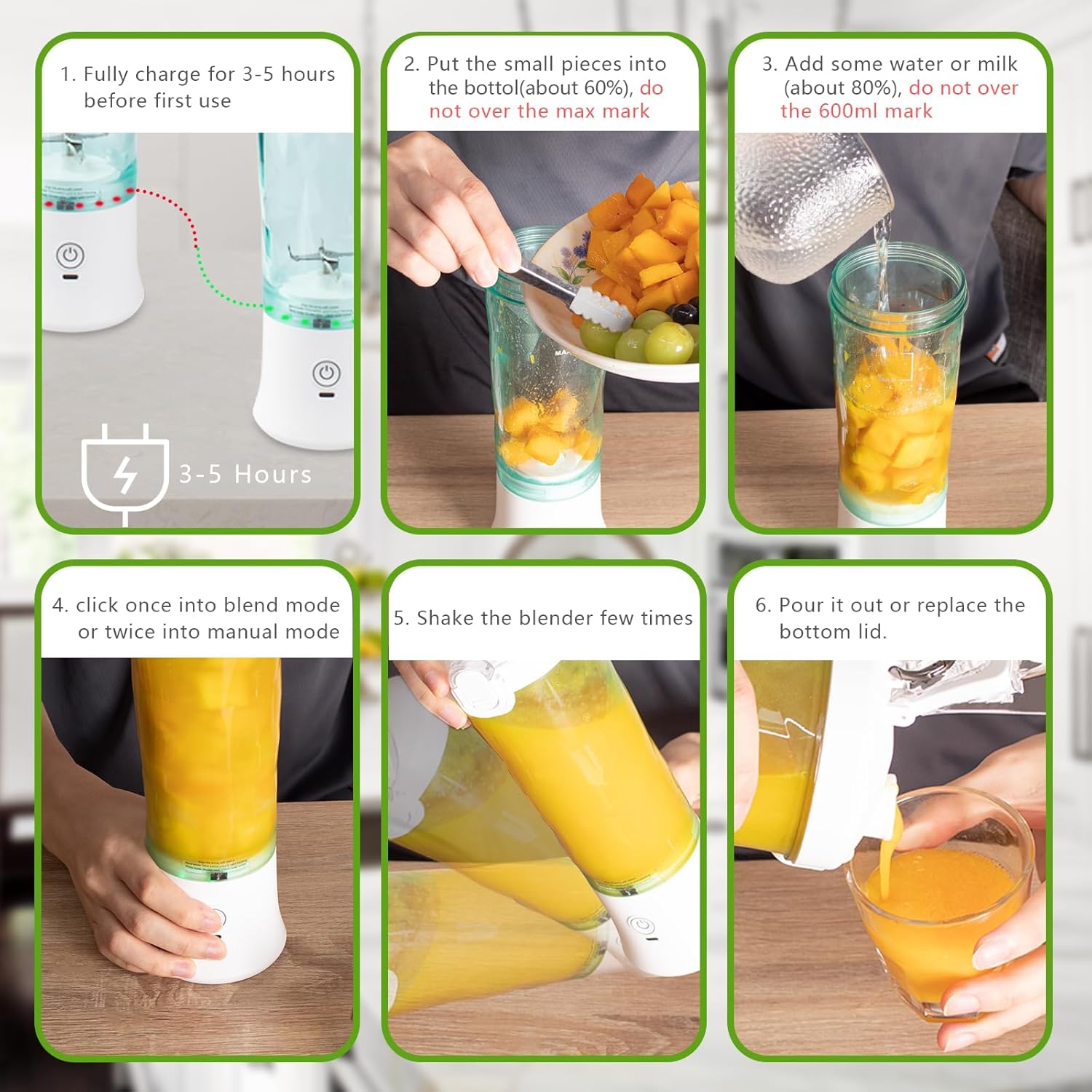 Smoothie Blender,Personal Blenders for Shakes & Smoothies with 6 Blades,600ML Portable Rechargeable Blender,Mini Blender for Home Gym Travel