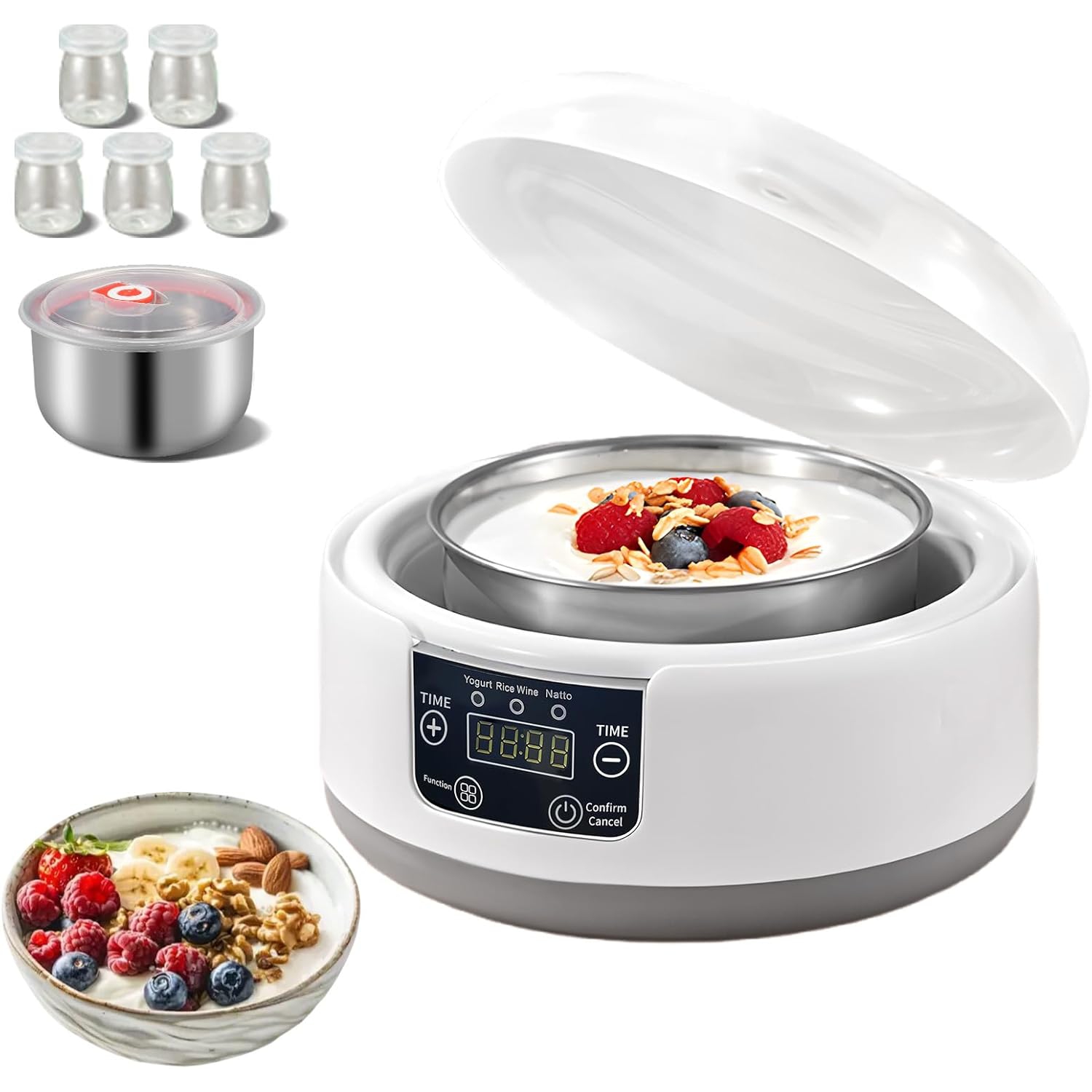 Yogurt Maker with Adjustable Time Control,Automatic Digital Yogurt Maker Machine with 5 Jars & Stainless Steel Inner Pot,Small Yogurt Machine for Home