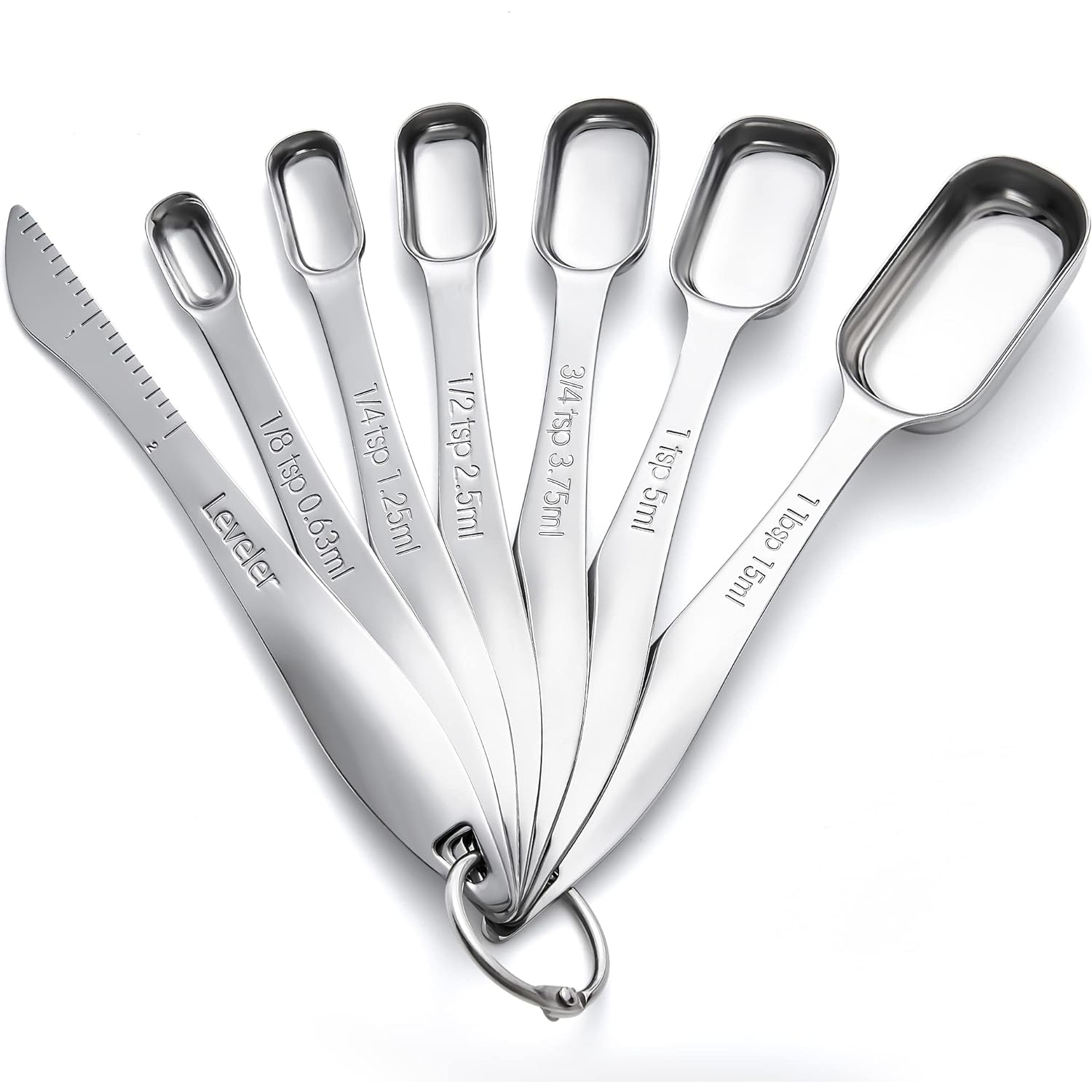 Measuring Spoons Set Stainless Steel, Metal Measuring Cups and Spoons Set for Dry or Liquid, Fits in Spice Jar, Set of 7 Including Leveler