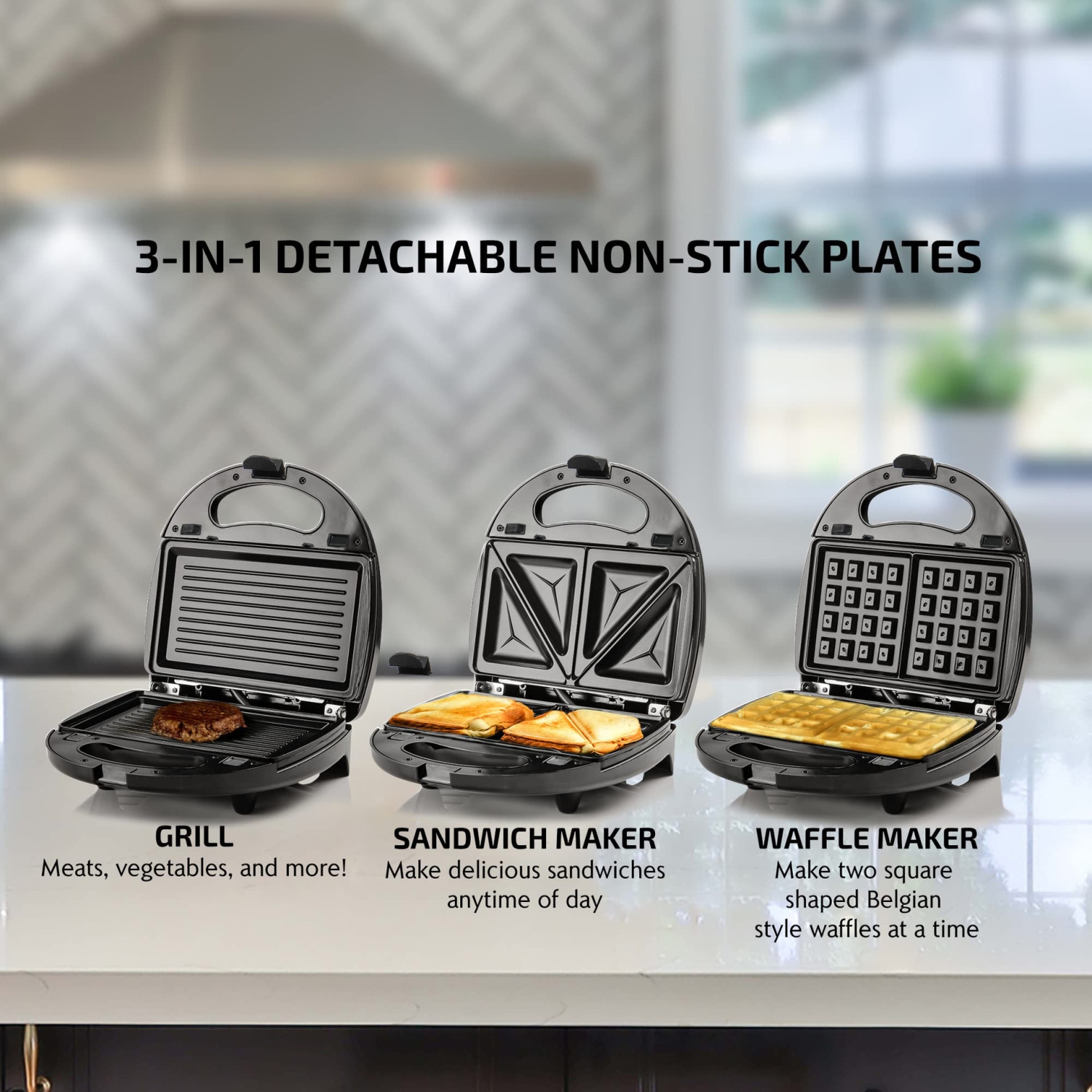 3 in 1 Electric Sandwich Maker, Panini Press Grill and Waffle Iron Set with Removable Non-Stick Plates, for Cooking Grilled Cheese, Burgers, Steaks