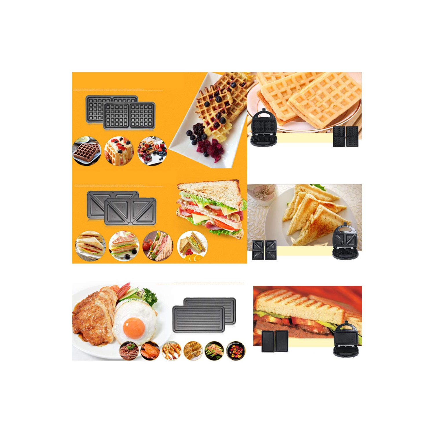 3 in 1 Electric Sandwich Maker, Panini Press Grill and Waffle Iron Set with Removable Non-Stick Plates, for Cooking Grilled Cheese, Burgers, Steaks