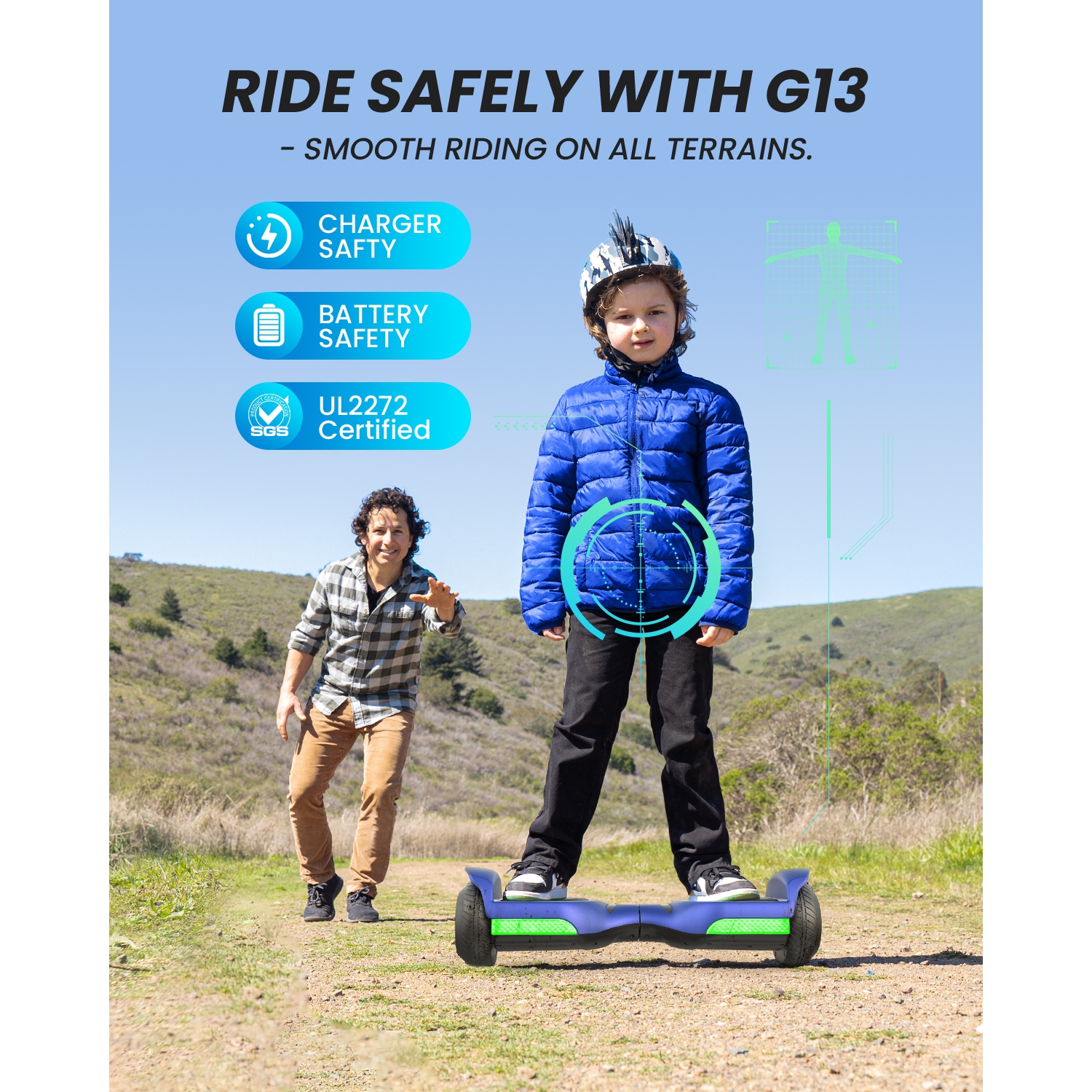 MIHOVER G13 6.5''Self Balancing Hoverboard -All Terrain Hoverboard for Kids w/ LED Light&Bluetooth Speaker,Top 7.75mph & 7.75 Miles Max Distance,Max