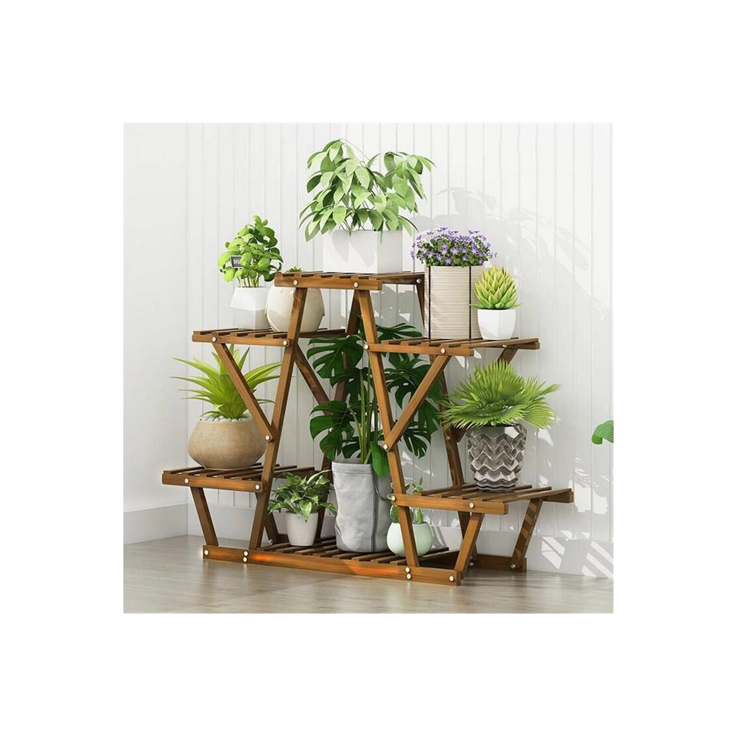 Support à plantes triangulaire en bois UNHO Support de rangement à plusieurs niveaux pour porte-fleurs 6 pots pour le salon intérieur extérieur
