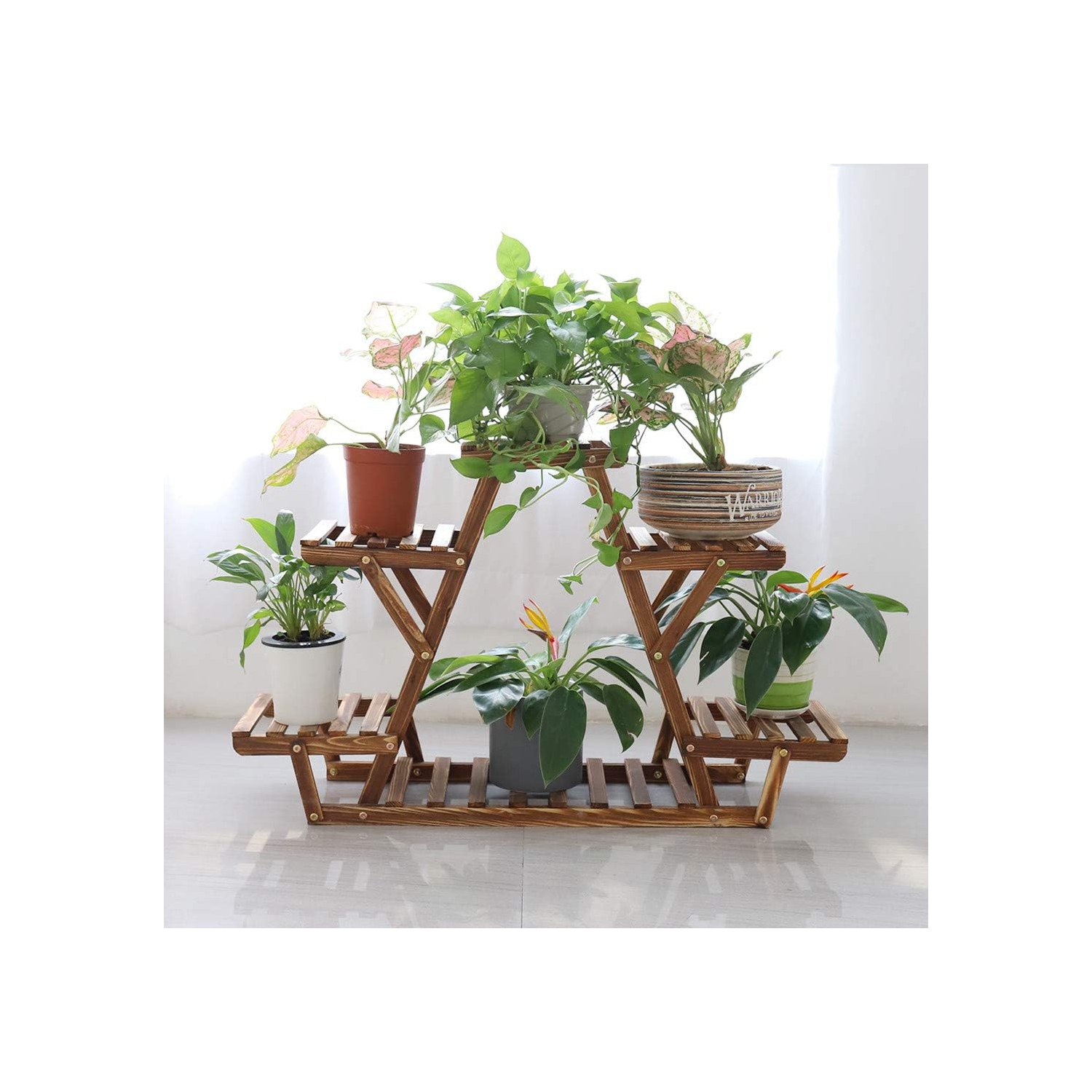Support à plantes triangulaire en bois UNHO Support de rangement à plusieurs niveaux pour porte-fleurs 6 pots pour le salon intérieur extérieur