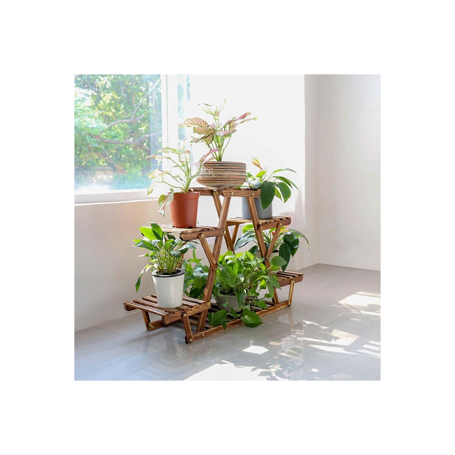 Support à plantes triangulaire en bois UNHO Support de rangement à plusieurs niveaux pour porte-fleurs 6 pots pour le salon intérieur extérieur