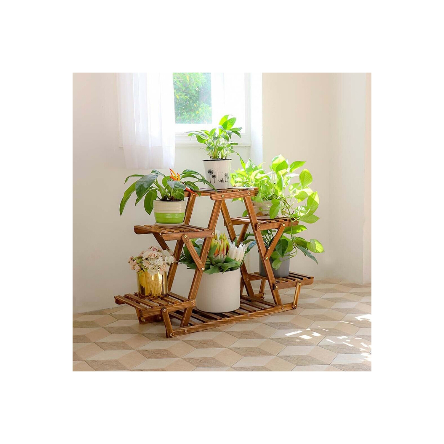 Support à plantes triangulaire en bois UNHO Support de rangement à plusieurs niveaux pour porte-fleurs 6 pots pour le salon intérieur extérieur