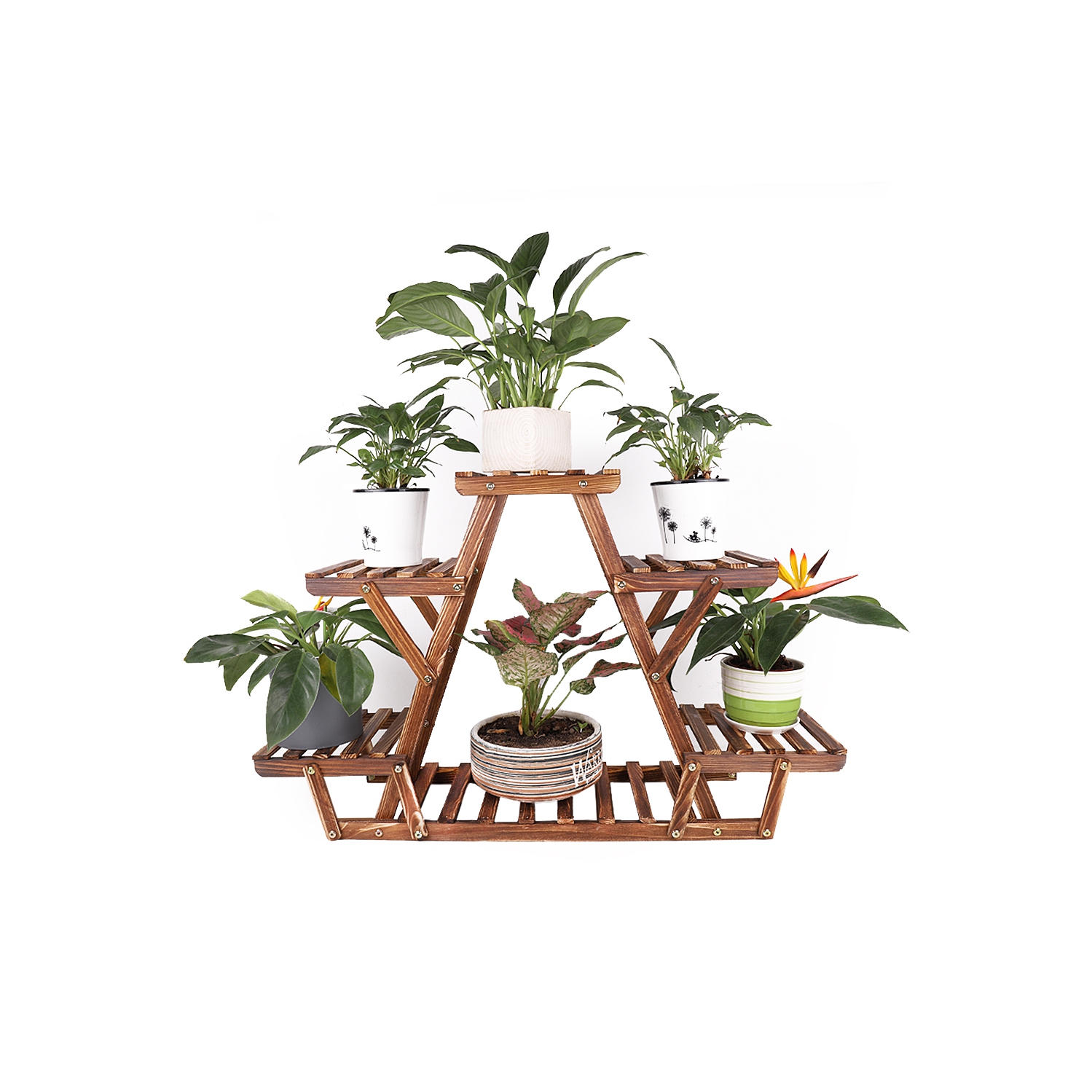 Support à plantes triangulaire en bois UNHO Support de rangement à plusieurs niveaux pour porte-fleurs 6 pots pour le salon intérieur extérieur