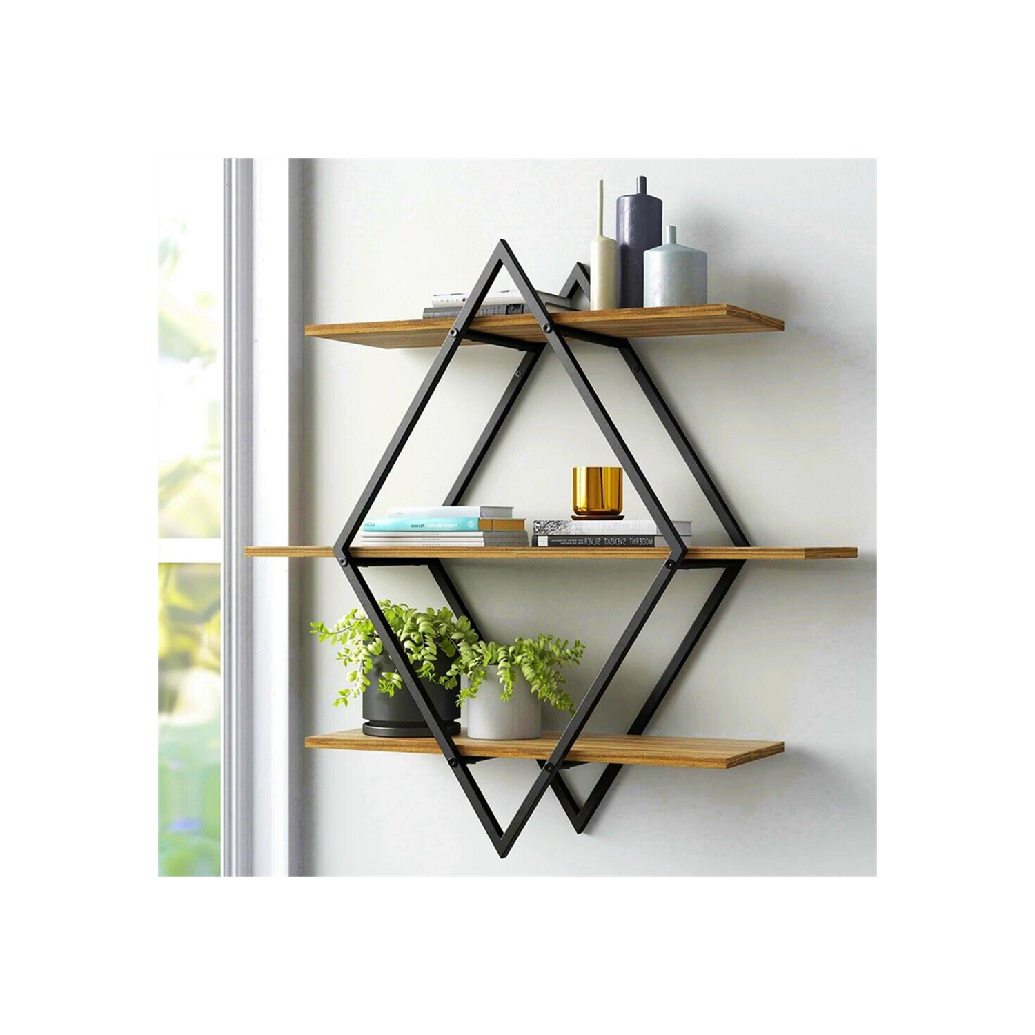 UNHO – Étagère murale flottante à 3 niveaux avec support en métal, étagère de rangement murale en bois pour salle de séjour, salle de bain, bureau de