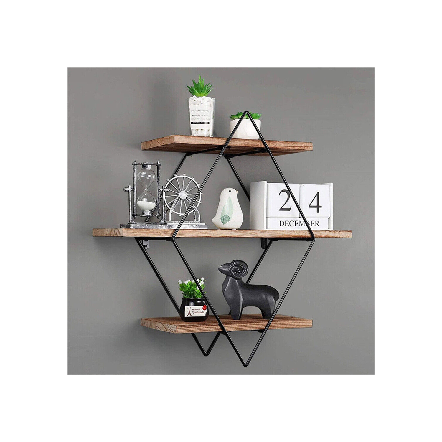 UNHO – Étagère murale flottante à 3 niveaux avec support en métal, étagère de rangement murale en bois pour salle de séjour, salle de bain, bureau de