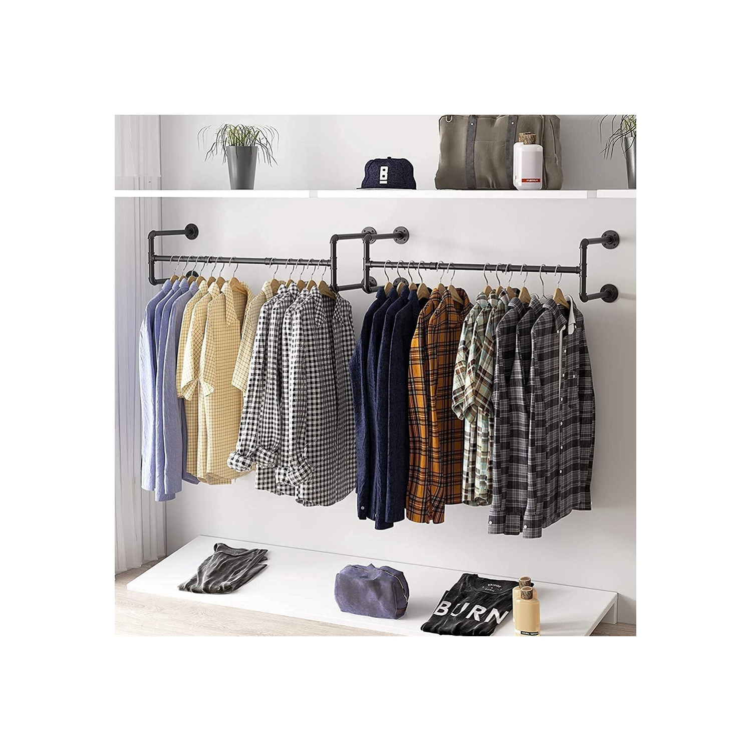 Support mural pour vêtements 42,9&nbsp;po, support à vêtements mural pour tuyau industriel, support à vêtements en fer robuste, tringle à suspendre