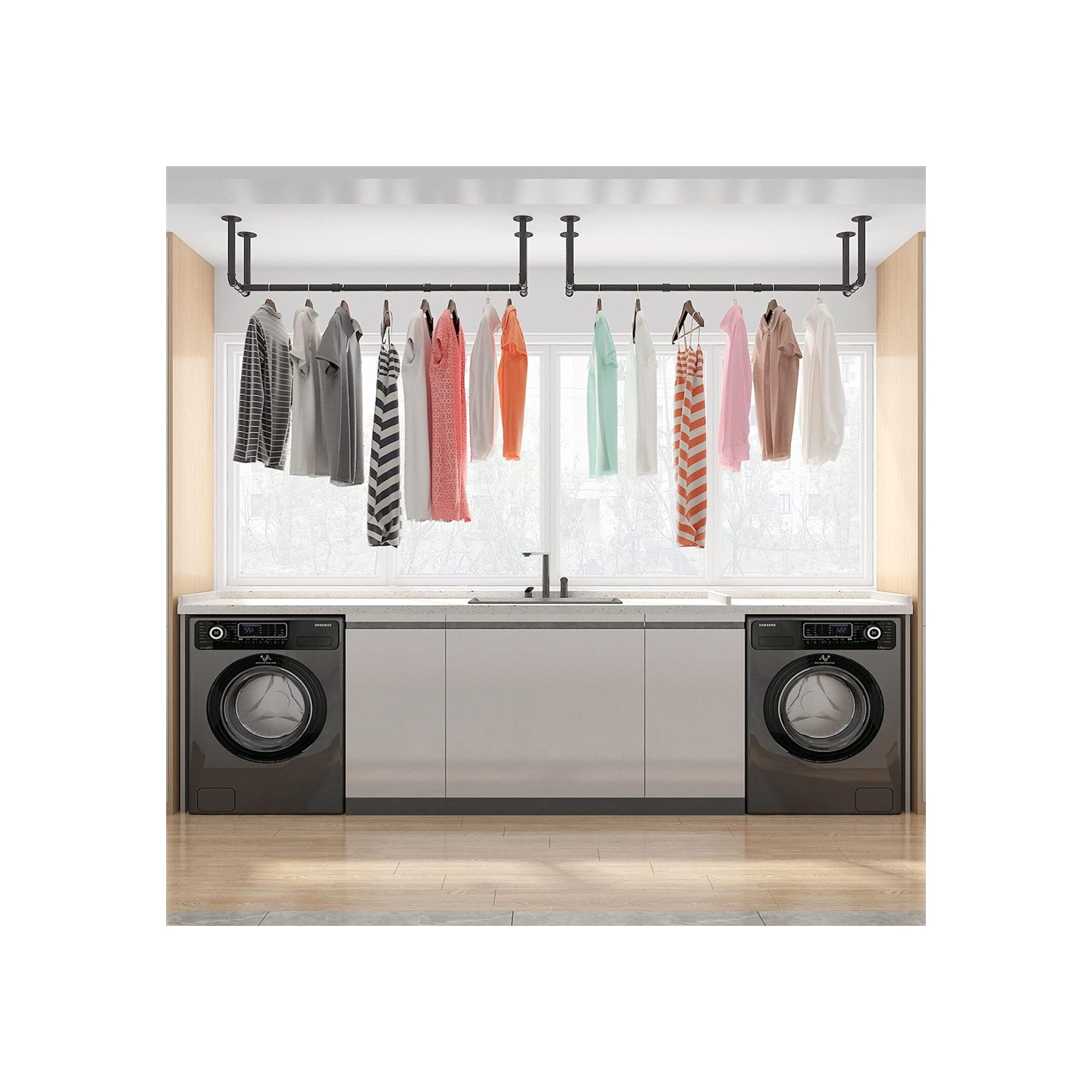 Support mural pour vêtements 42,9&nbsp;po, support à vêtements mural pour tuyau industriel, support à vêtements en fer robuste, tringle à suspendre