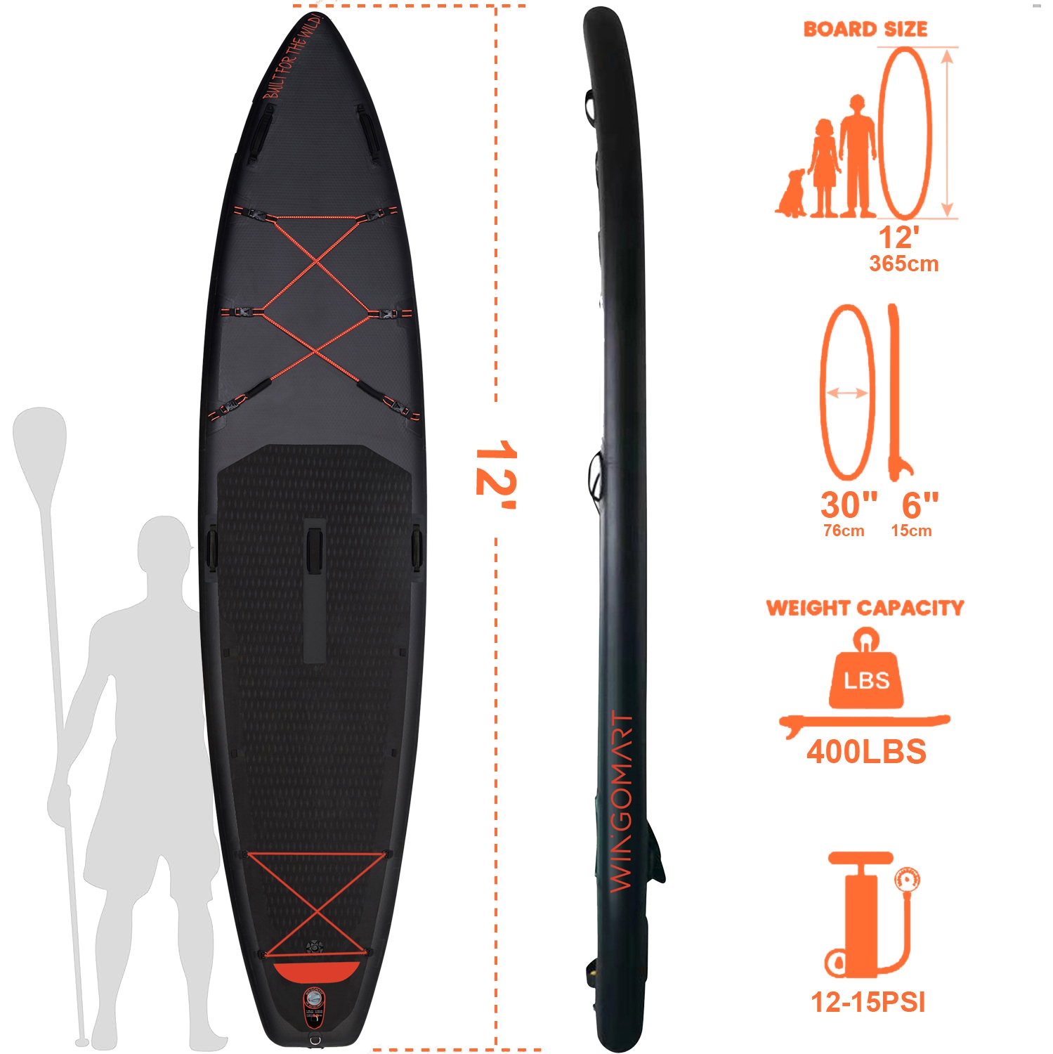 ELITE BLACK XXL 12FT Inflatable Stand up Paddle Board 12'x30"x6"Premium Accessories &Carry Bag| paddle boards w/ 3Fish Fin for Paddling |1-2Person Up