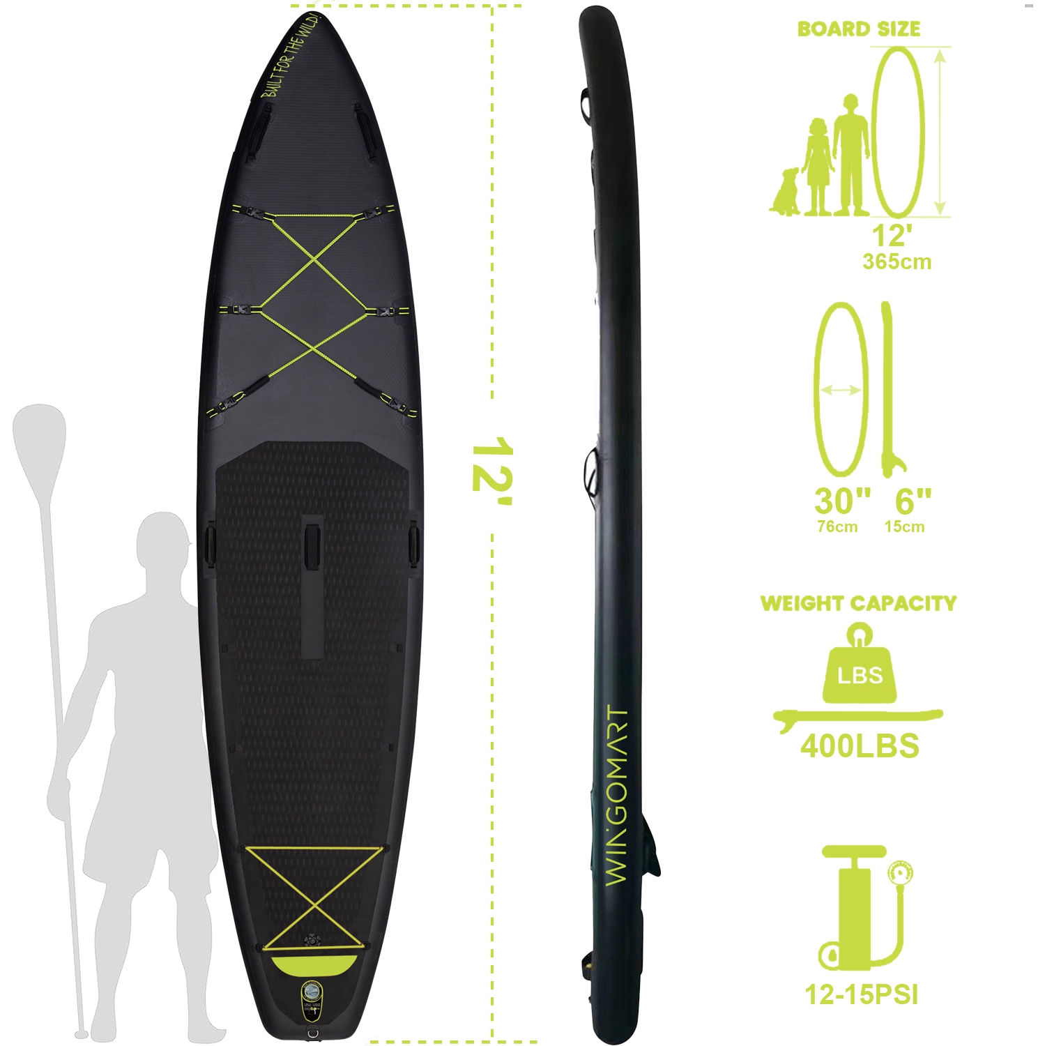 ELITE BLACK XXL 12FT Inflatable Stand up Paddle Board 12'x30"x6"Premium Accessories &Carry Bag| paddle boards w/ 3Fish Fin for Paddling |1-2Person Up