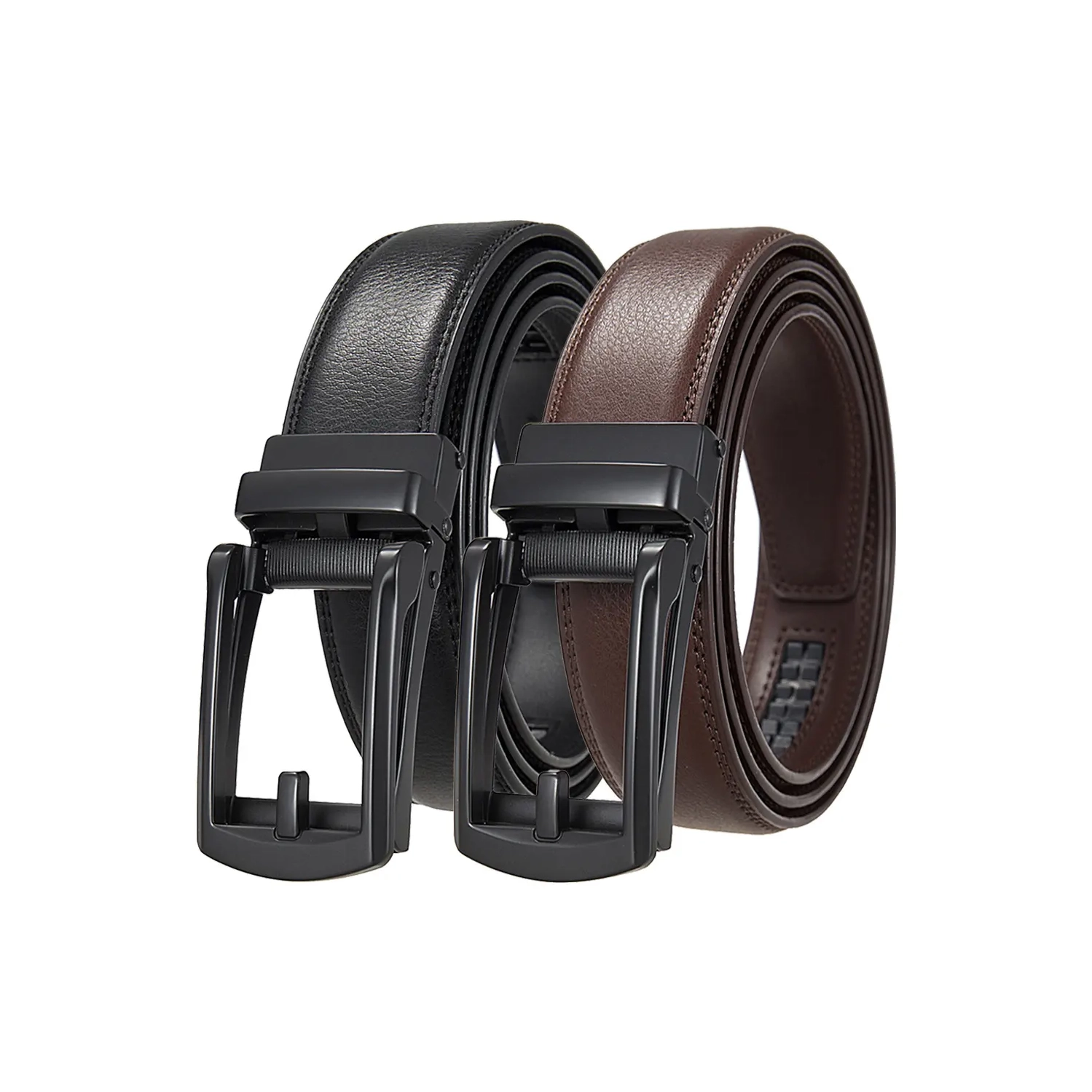 Lot de 2 ceintures automatiques en cuir noir et brun avec boucle en cuir véritable Vraie à la ceinture pour hommes en cuir de vache plat brun