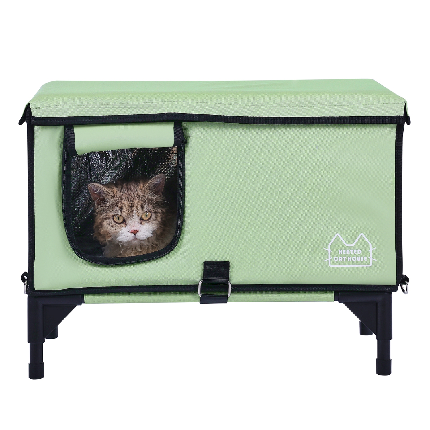 VEVOR 900D Oxford Cloth Elevated Heated Cat House, Cuboid Kitty Shelter with Adjustable Temperature and Timer, Foldable Cat Shelter with Heated Pad
