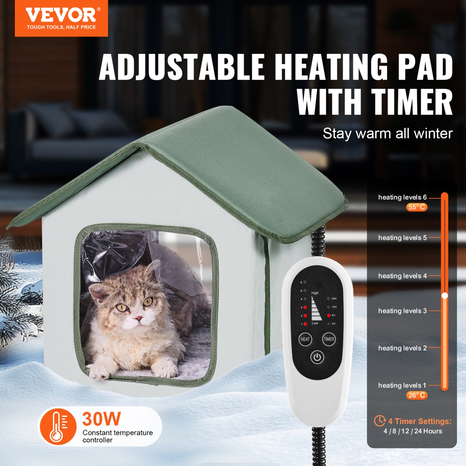 VEVOR 600D Oxford Cloth Elevated Heated Cat House, Outdoor Kitty Shelter with Timer, Foldable Cat Shelter with Heated Pad for Winter to Stay Warm and
