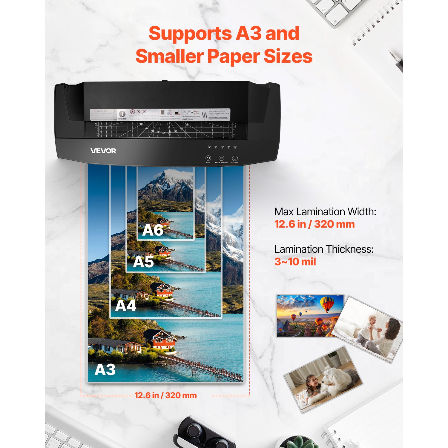 VEVOR A3 Paper Size Laminator Machine, Cold and Hot Lamination, 1 min Quick Warm Portable Laminator, 3-10 mil Thickness, Ideal for Home, Office,