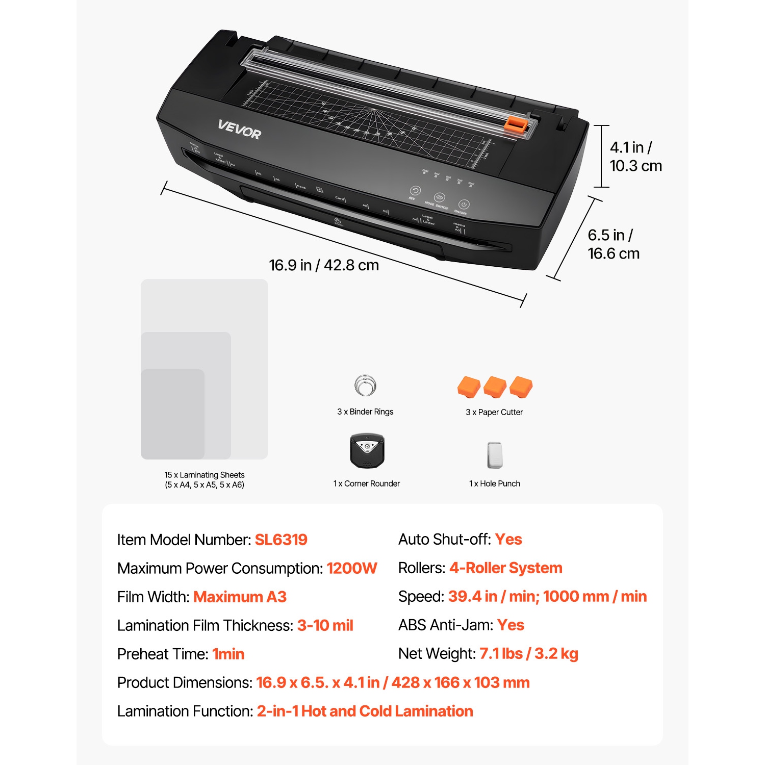 VEVOR A3 Paper Size Laminator Machine, Cold and Hot Lamination, 1 min Quick Warm Portable Laminator, 3-10 mil Thickness, Ideal for Home, Office,