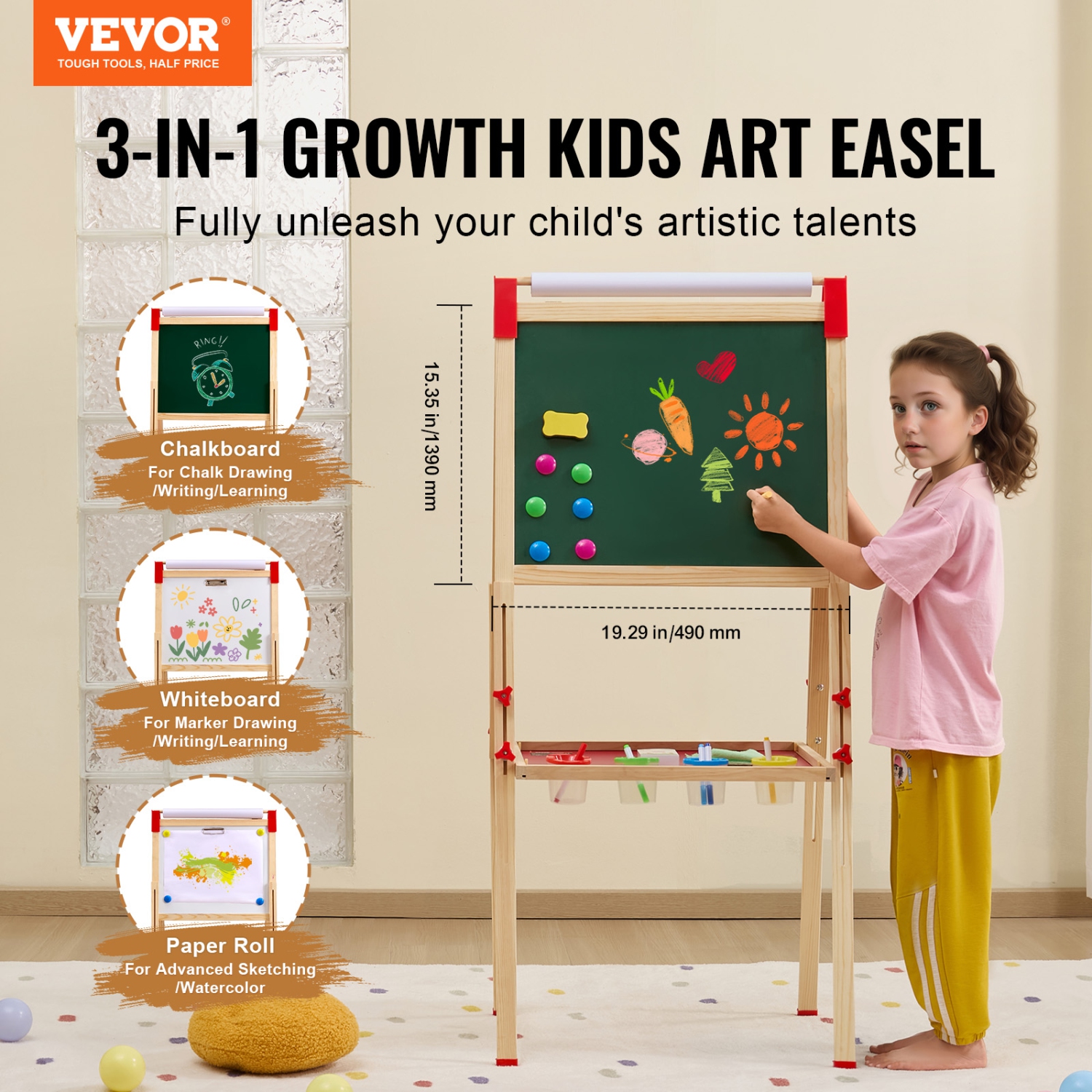 VEVOR 3-in-1 Wooden Double-Sided Kid's Art Easel with Magnetic Whiteboard, Chalkboard & Paper Roll, Adjustable Standing Drawing Board with Painting