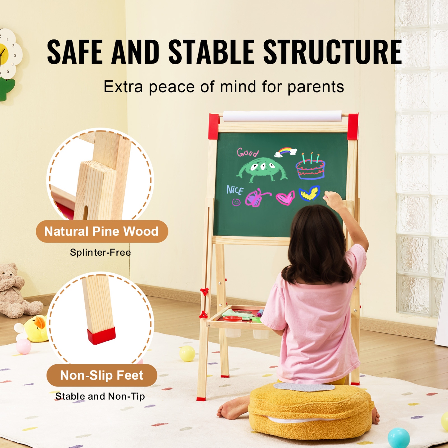 VEVOR 3-in-1 Wooden Double-Sided Kid's Art Easel with Magnetic Whiteboard, Chalkboard & Paper Roll, Adjustable Standing Drawing Board with Painting