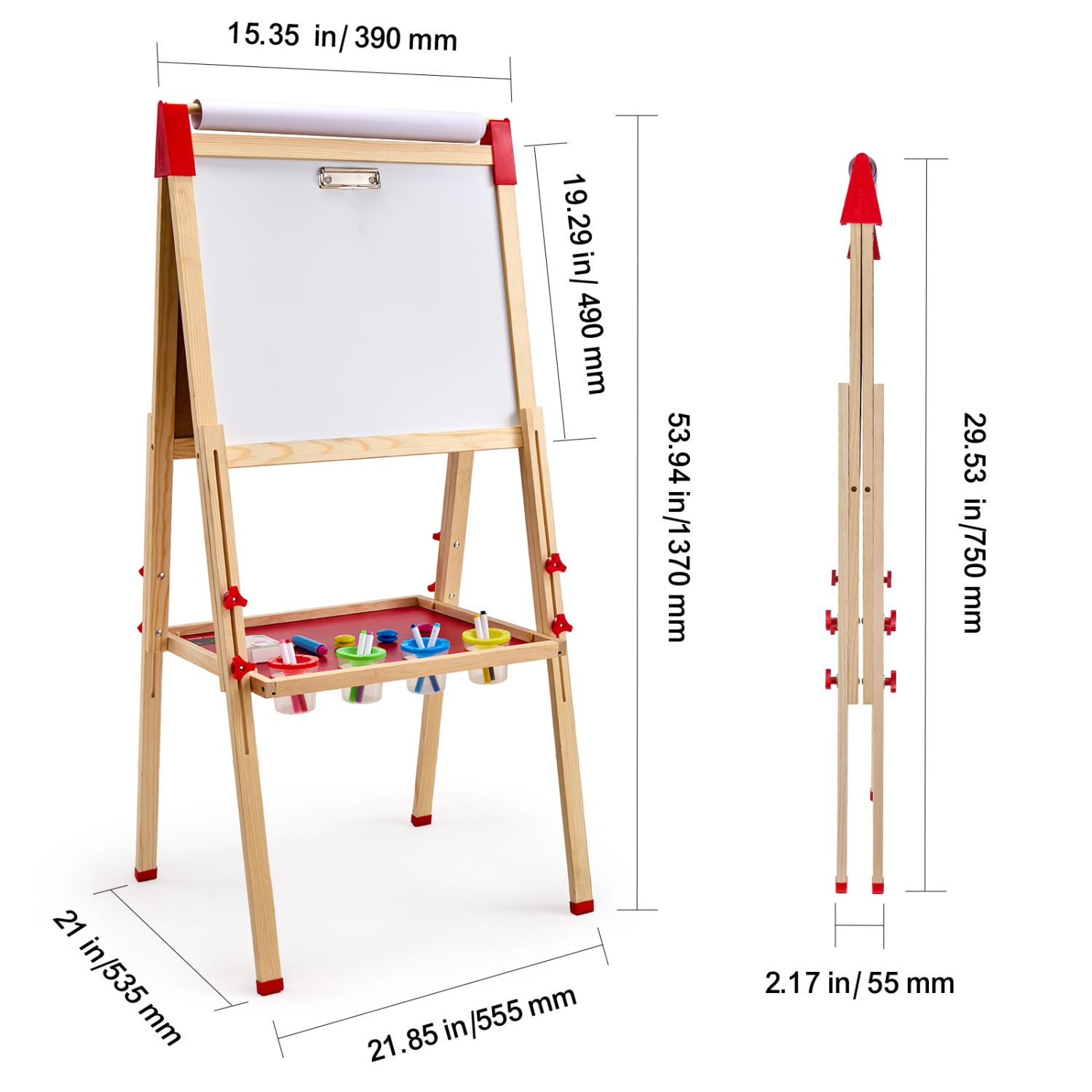 VEVOR 3-in-1 Wooden Double-Sided Kid's Art Easel with Magnetic Whiteboard, Chalkboard & Paper Roll, Adjustable Standing Drawing Board with Painting