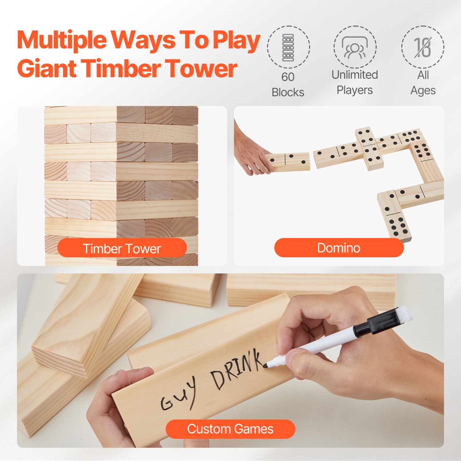 VEVOR 60 Blocks Tumbling Timber Toy, Giant Tumble Tower Blocks Game, Pine Wood Tumbling Tower Game with Carry Bag and Scoreboard, Wooden Stacking