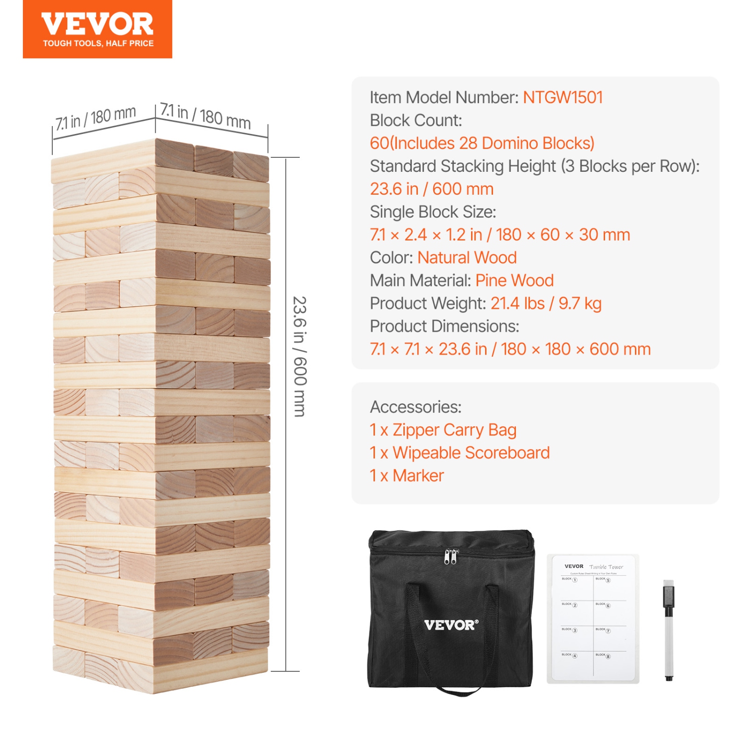 VEVOR 60 Blocks Tumbling Timber Toy, Giant Tumble Tower Blocks Game, Pine Wood Tumbling Tower Game with Carry Bag and Scoreboard, Wooden Stacking