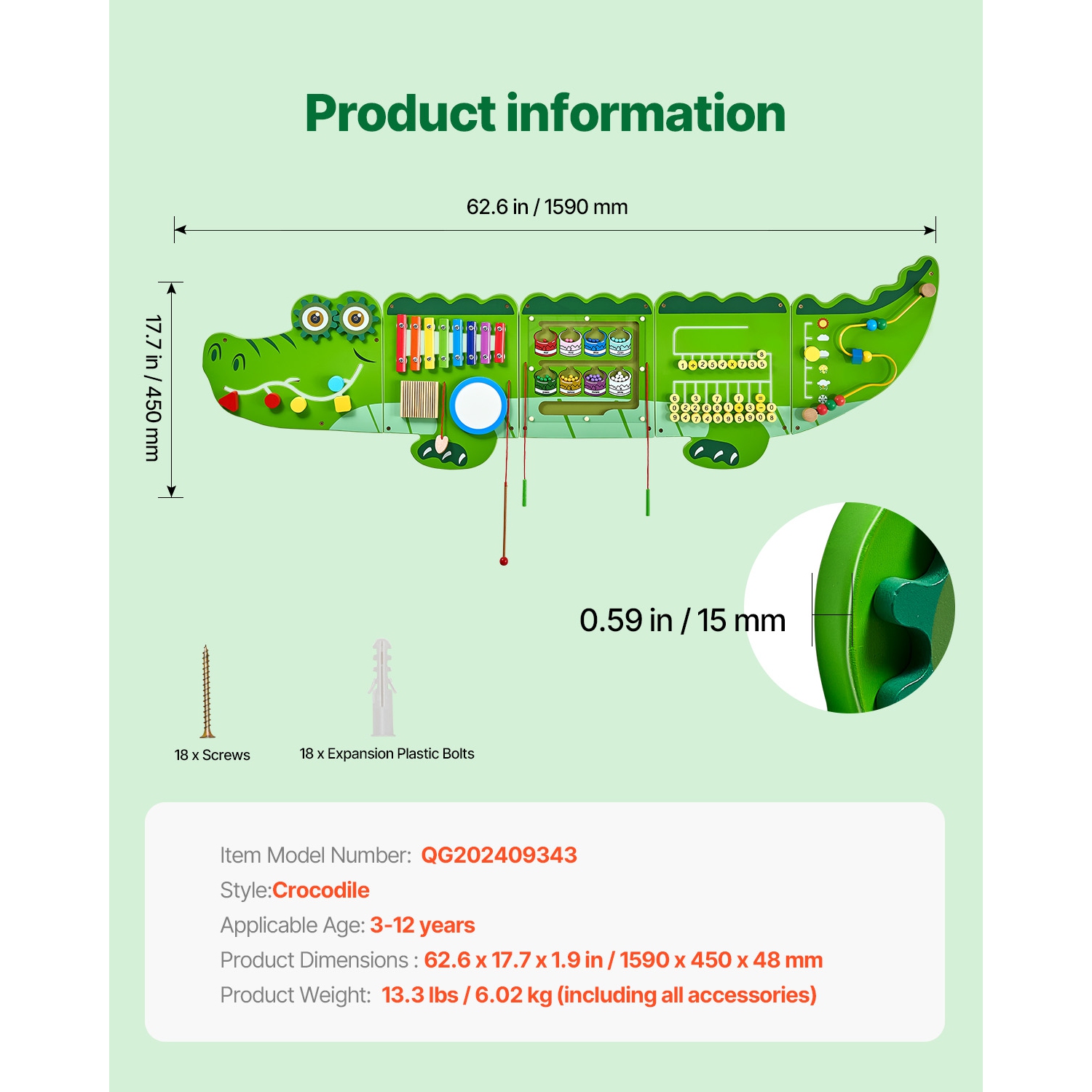 VEVOR 9 Activities Crocodile Activity Wall Busy Board Panels, Montessori Sensory Wall Toy for Kids 3-12 Years, Montessori Learning Activity Center,
