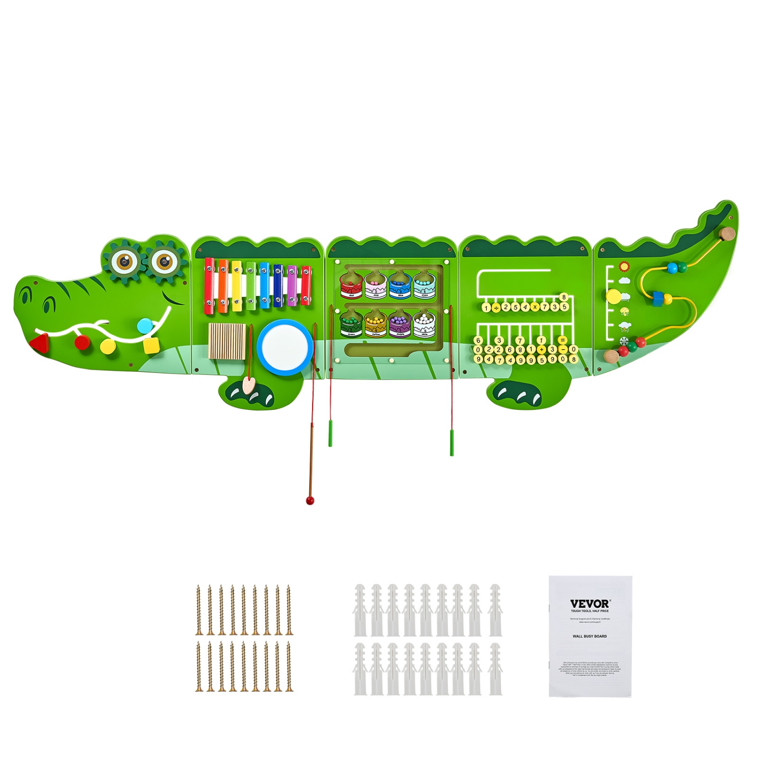 VEVOR 9 Activities Crocodile Activity Wall Busy Board Panels, Montessori Sensory Wall Toy for Kids 3-12 Years, Montessori Learning Activity Center,