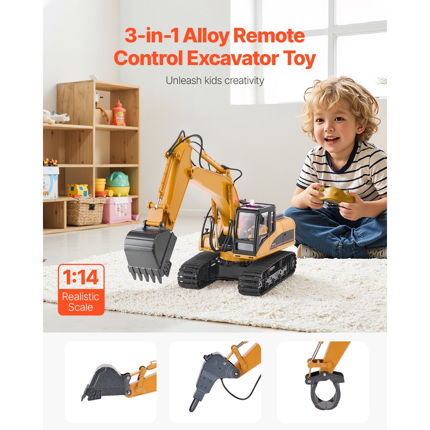 VEVOR 15 Channel Remote Control Excavator Toy, , 3 in 1, with Metal Shovel, 1:14 Scale RC Excavator with Light & Sound, Full Functional Construction