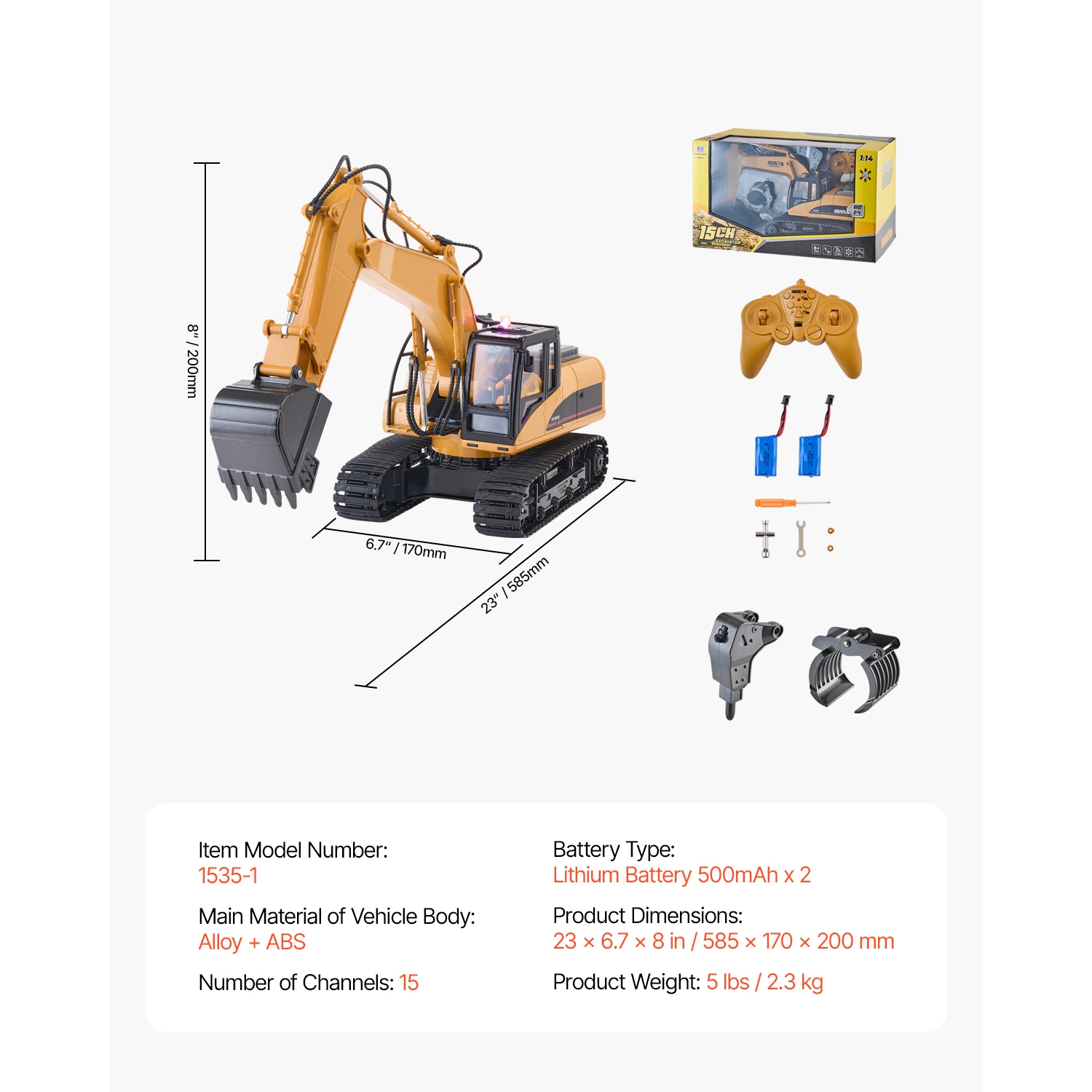 VEVOR 15 Channel Remote Control Excavator Toy, , 3 in 1, with Metal Shovel, 1:14 Scale RC Excavator with Light & Sound, Full Functional Construction