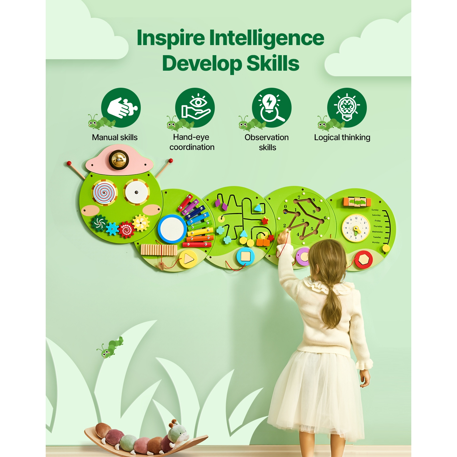 VEVOR 12 Activities Caterpillar Activity Wall Busy Board Panels, Montessori Sensory Wall Toy for Kids 3-12 Years, Montessori Learning Activity