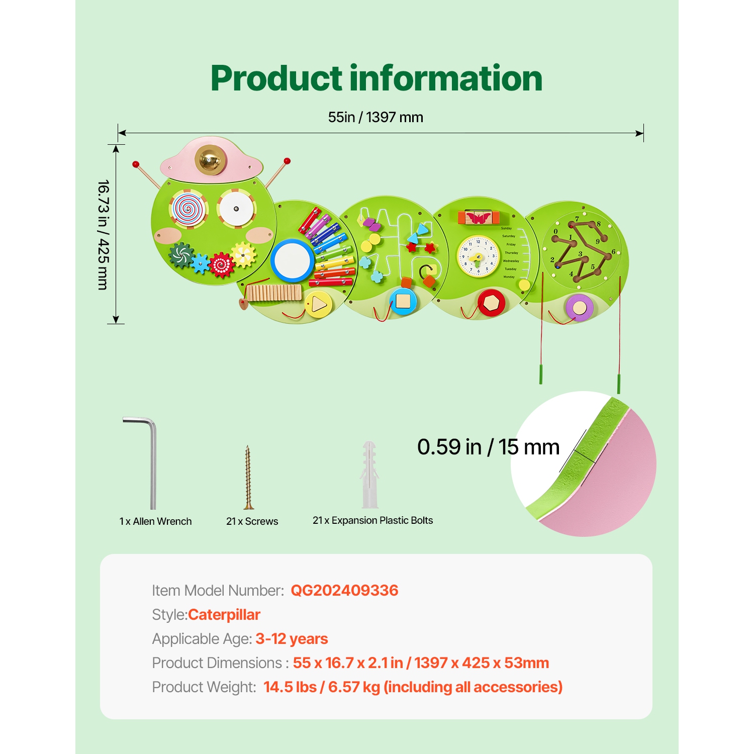 VEVOR 12 Activities Caterpillar Activity Wall Busy Board Panels, Montessori Sensory Wall Toy for Kids 3-12 Years, Montessori Learning Activity