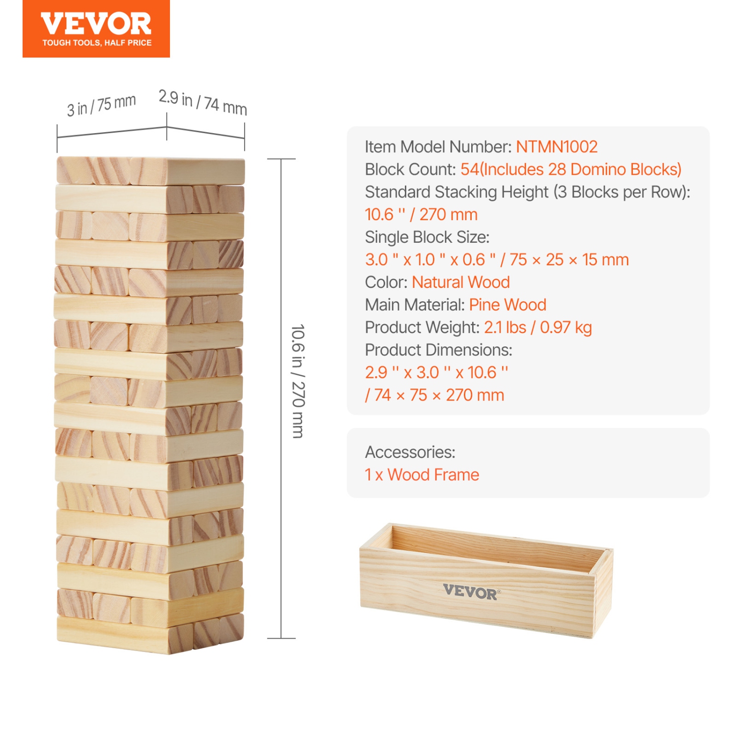 VEVOR 54 Blocks Tumbling Timber Toy, Pine Wood Tumbling Tower Game with Storage Crate, Multiple Ways to Play Wooden Stacking Game, Tumble Tower