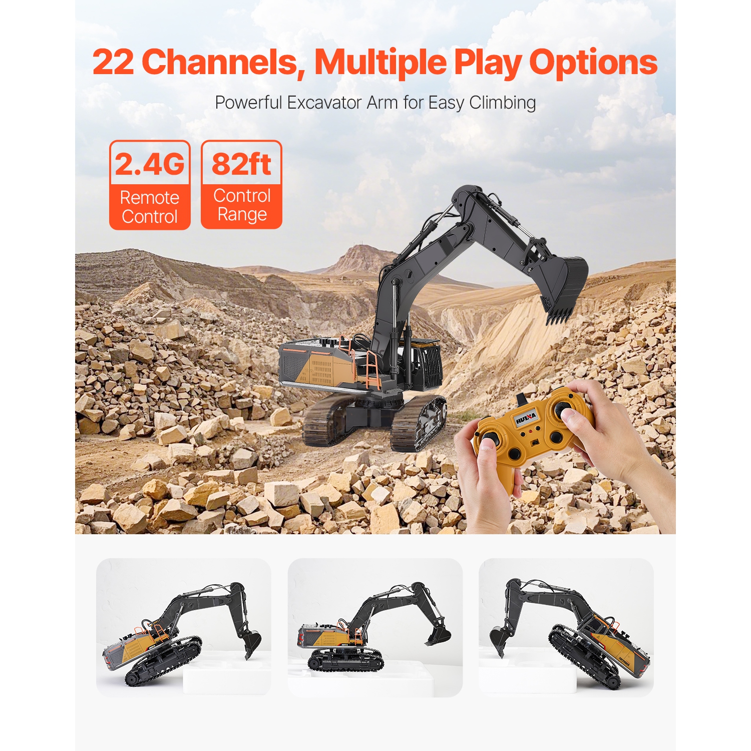 VEVOR 22 Channel Remote Control Excavator Toy, 1:14 Scale, with Metal Shovel, RC Excavator with Lights & Sounds, Full Functional Construction