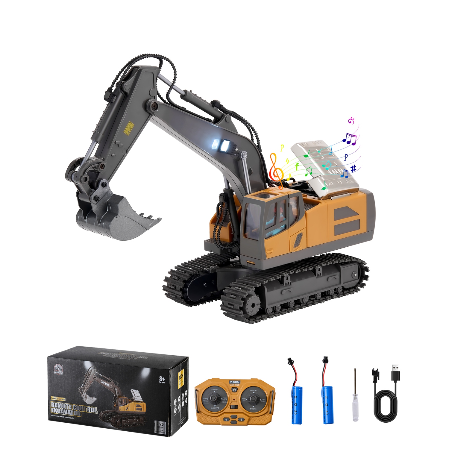 VEVOR 11 Channel Remote Control Excavator Toy, 1:20 Scale, RC Excavator with Lights & Sounds, Full Functional Construction Vehicles for Kids, 2