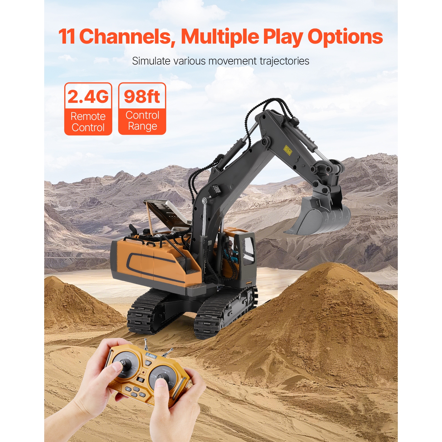 VEVOR 11 Channel Remote Control Excavator Toy, 1:20 Scale, RC Excavator with Lights & Sounds, Full Functional Construction Vehicles for Kids, 2